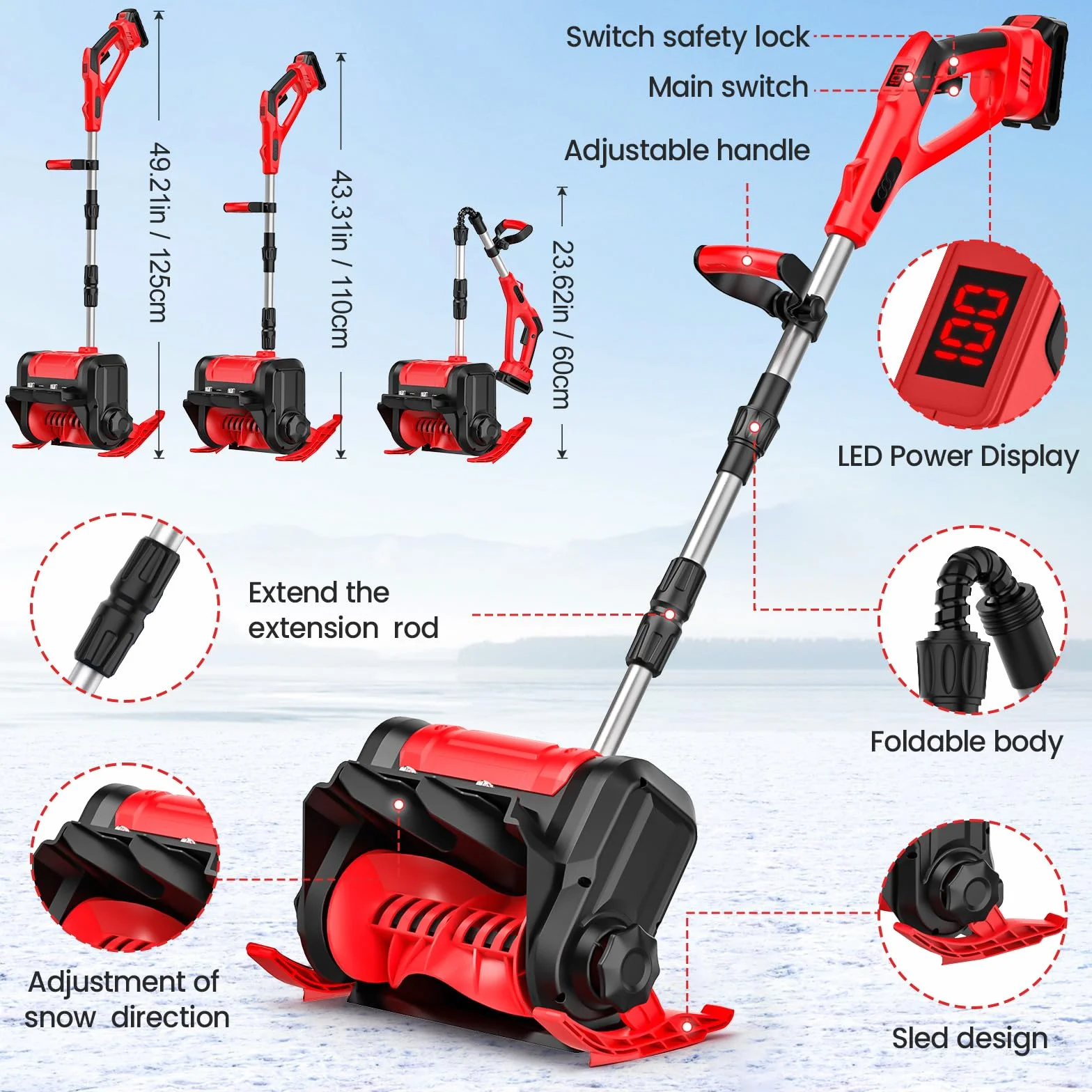 Souffleuse à Neige sans Fil 21V avec 2 Piles, Moteur sans Brosse, Largeur 30CM, Hauteur 18CM