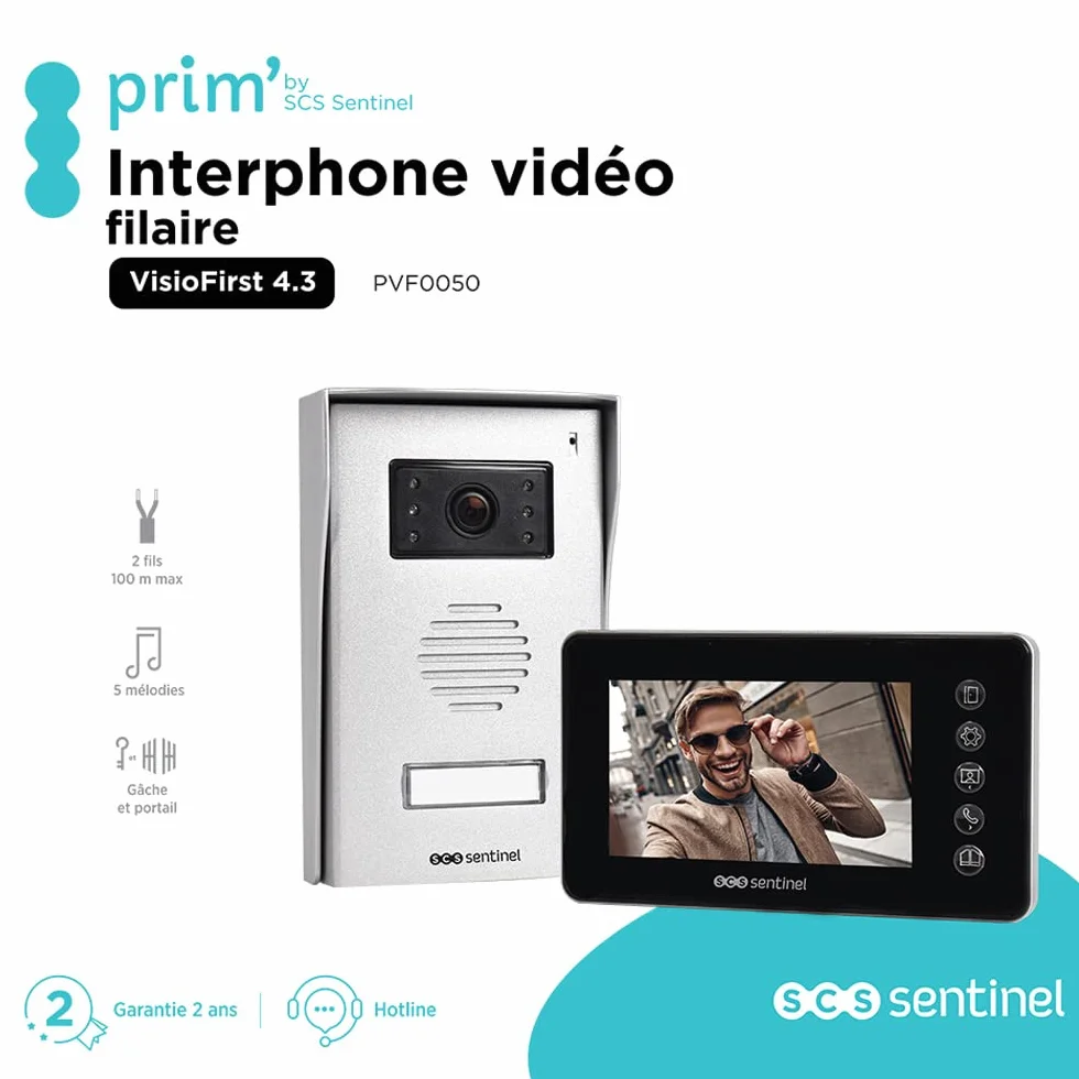 SCS Sentinel - PVF0050 - Interphone Vidéo Filaire Prim' VisioFirst 4.3 -Caméra et Audio - Ouverture Portail, Portillon, Gâche Électrique - 1 Platine Extérieure1 Moniteur - Garantie 3 Ans
