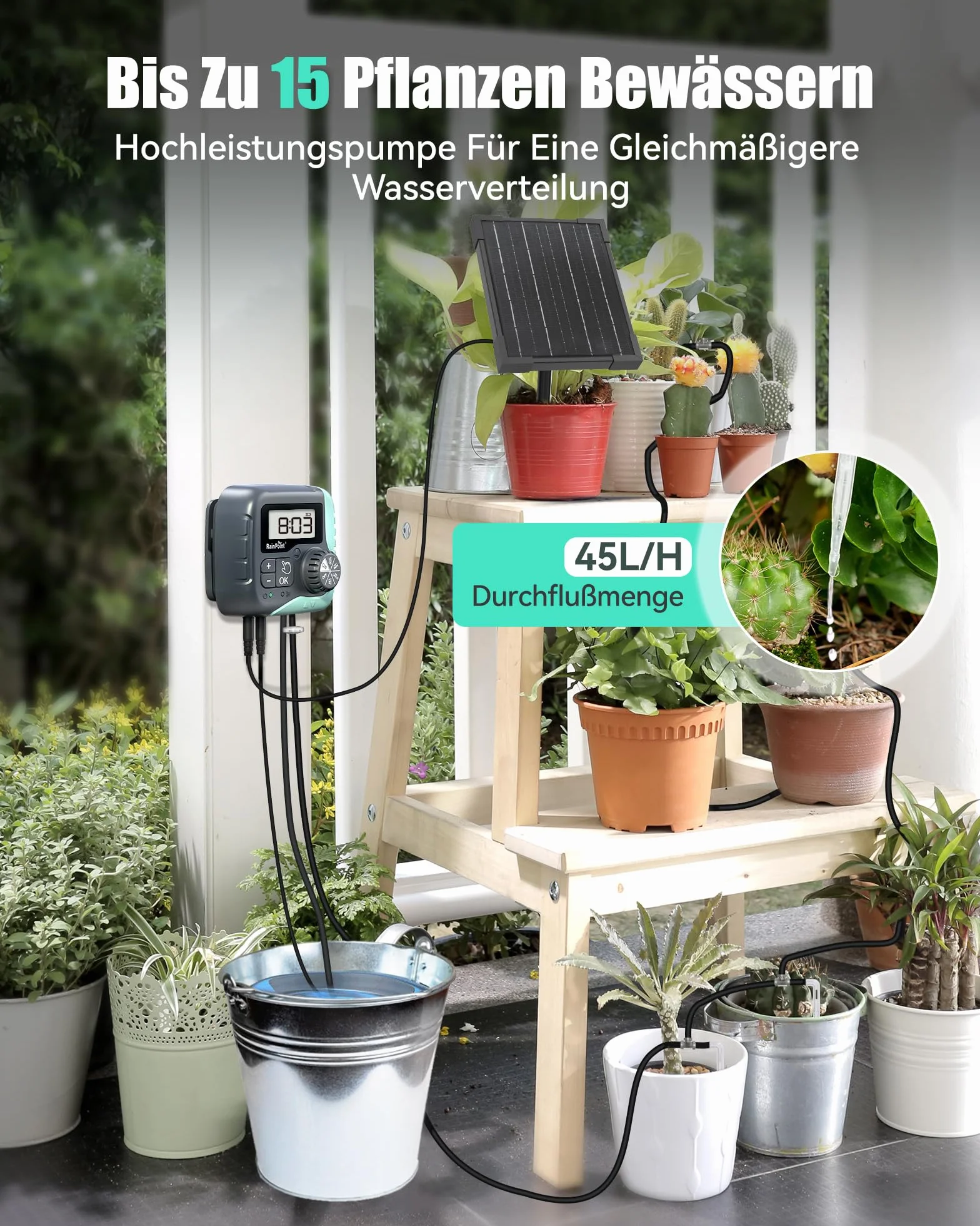 RAINPOINT Kit d'Arrosage Goutte à Goutte Solaire Automatique 45 L/H Pompe Programmable 2600 mAh