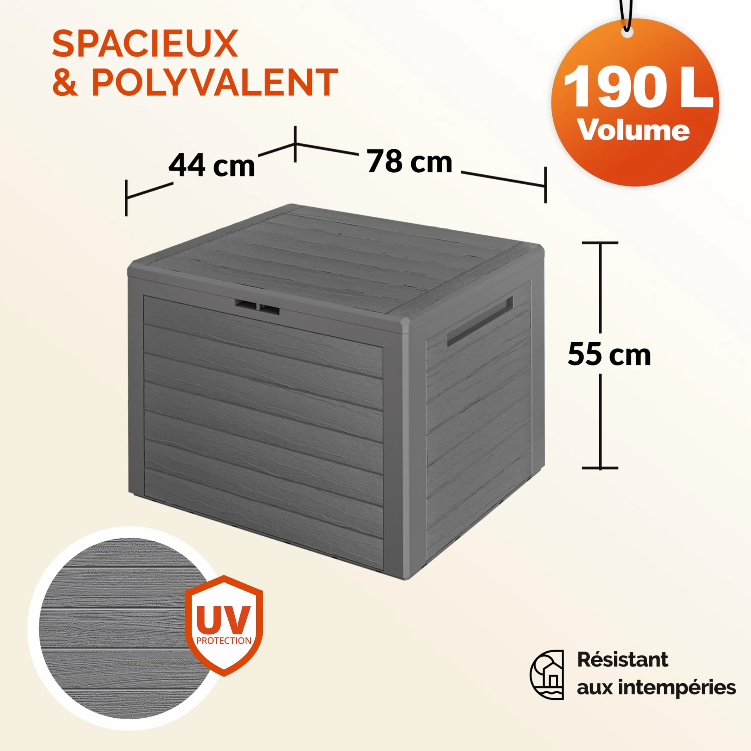 Casaria Coffre de Jardin Exterieur 190 L Gris - Caisse de rangement étanche Effet Bois