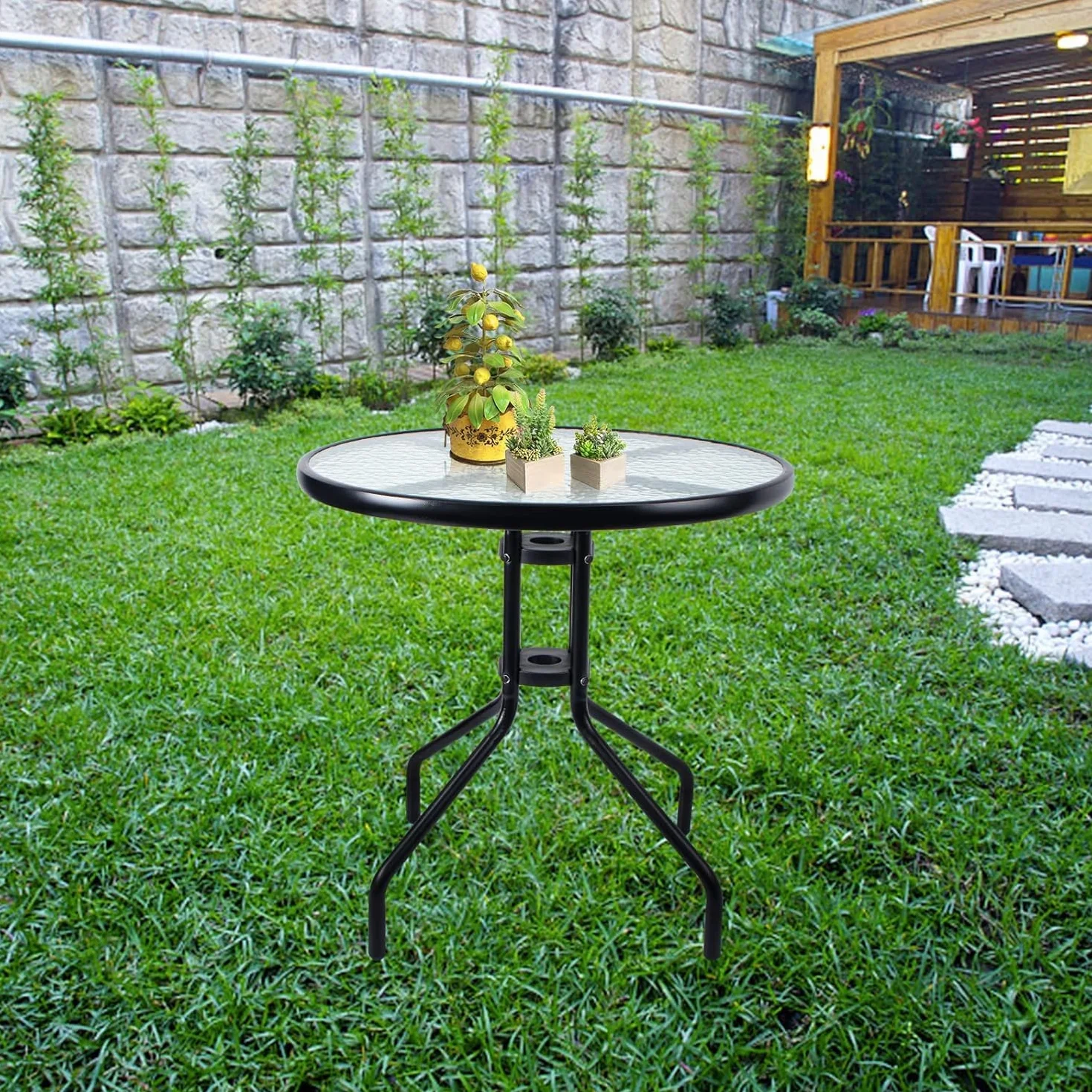 Table Ronde 60 cm Verre Trempé Transparent Piètement Acier Noir Bistrot Compact Moderne