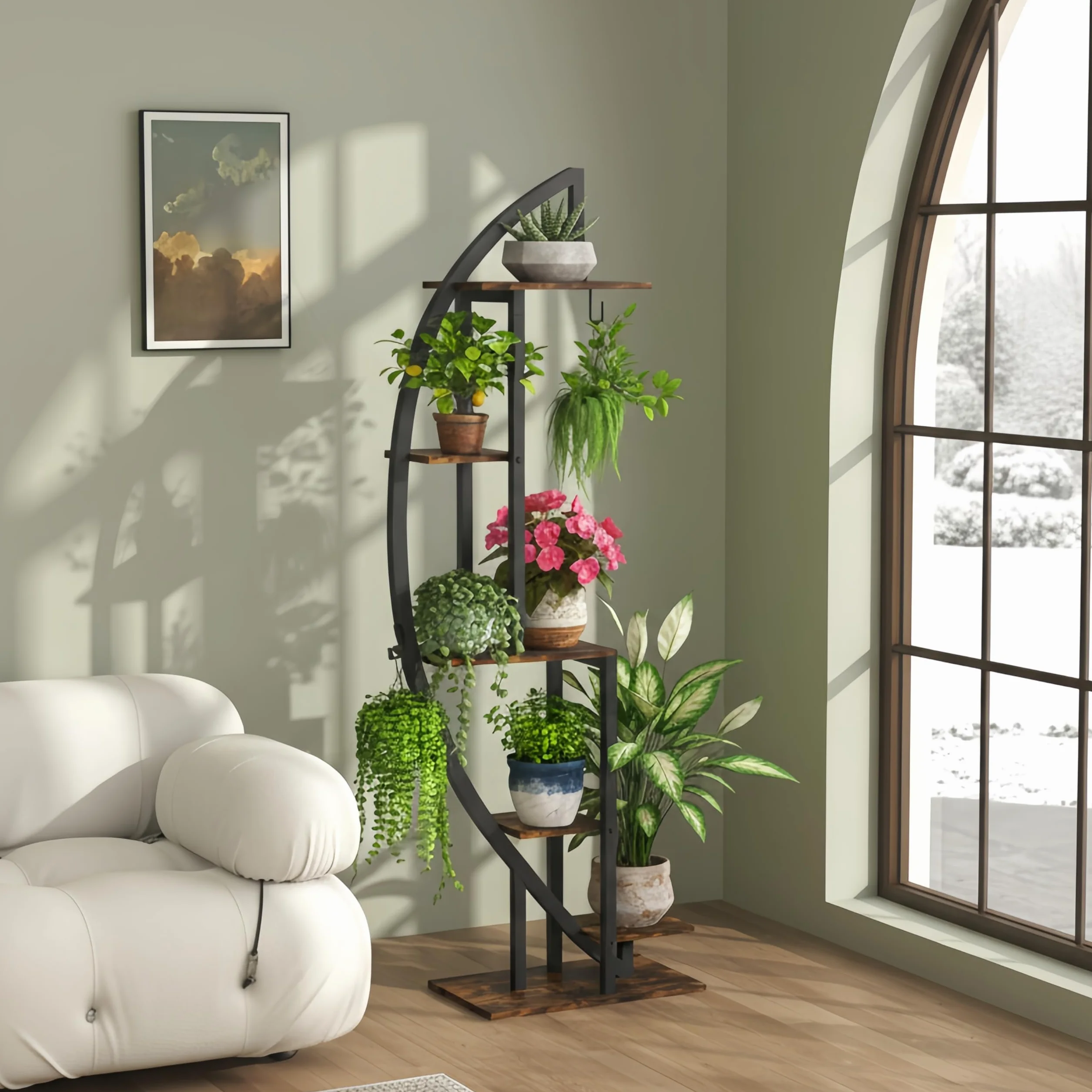 Étagère à plantes avec lumière 160 cm 6 niveaux bois métal support plantes extérieur intérieur jardin balcon