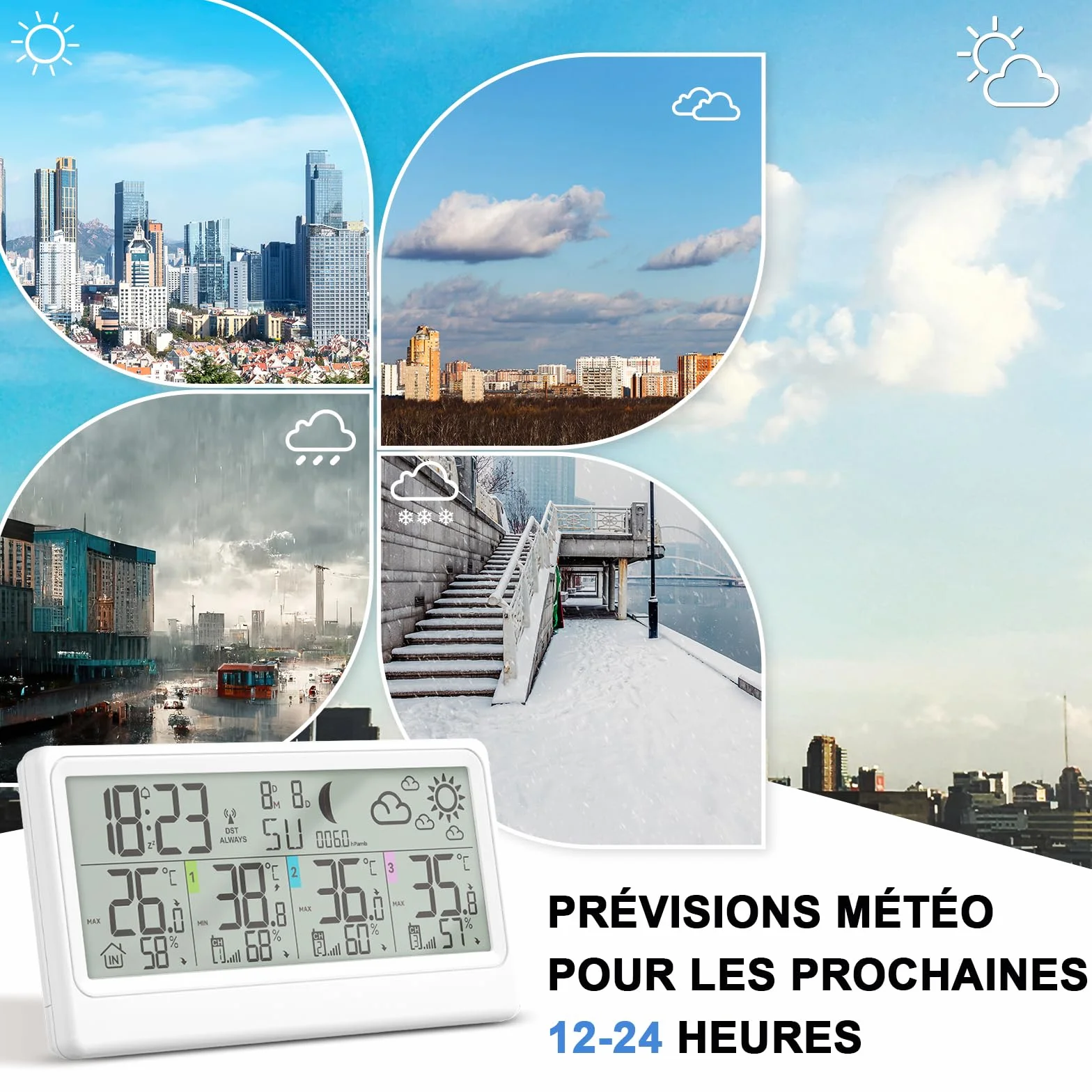 Station Météo Sans Fil 3 Capteurs Intérieur Extérieur Thermomètre Hygromètre Baromètre Écran LED 8,5" Prévisions Horloge Alarme Snooze