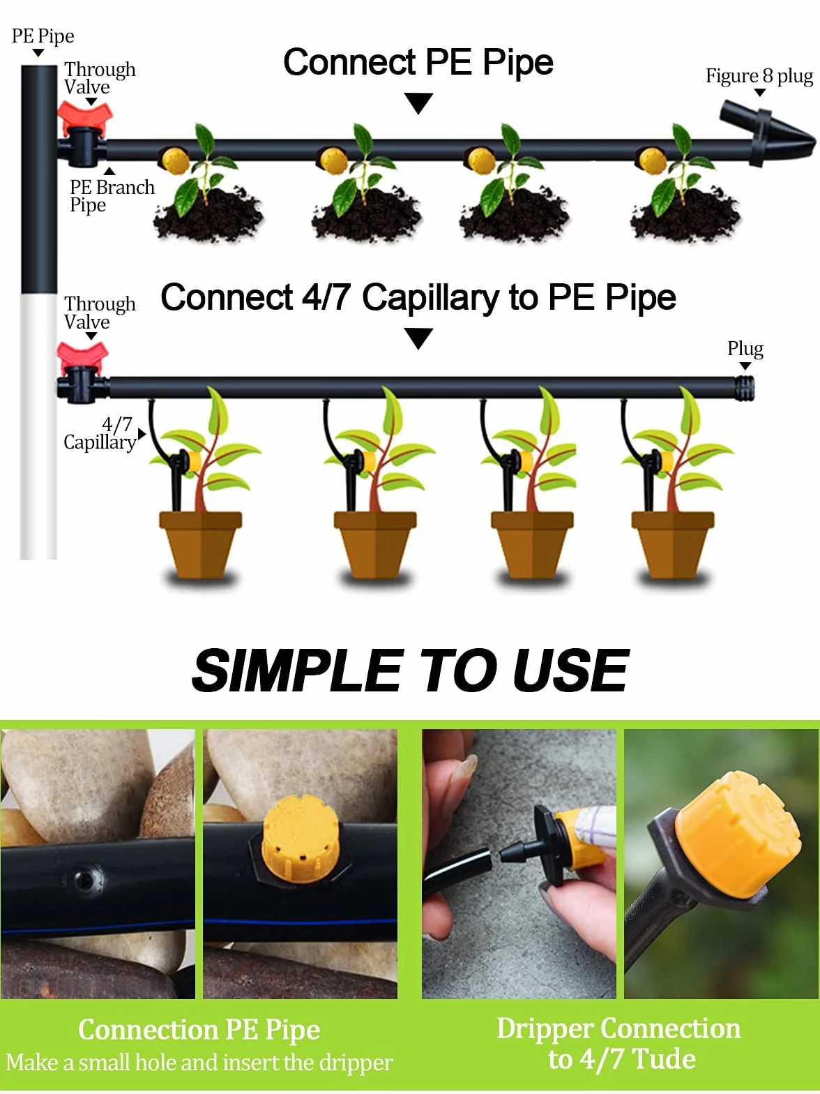 Goutteurs réglables d'irrigation 1/4" 200Pcs pour Jardin Serre Potager, Jaune
