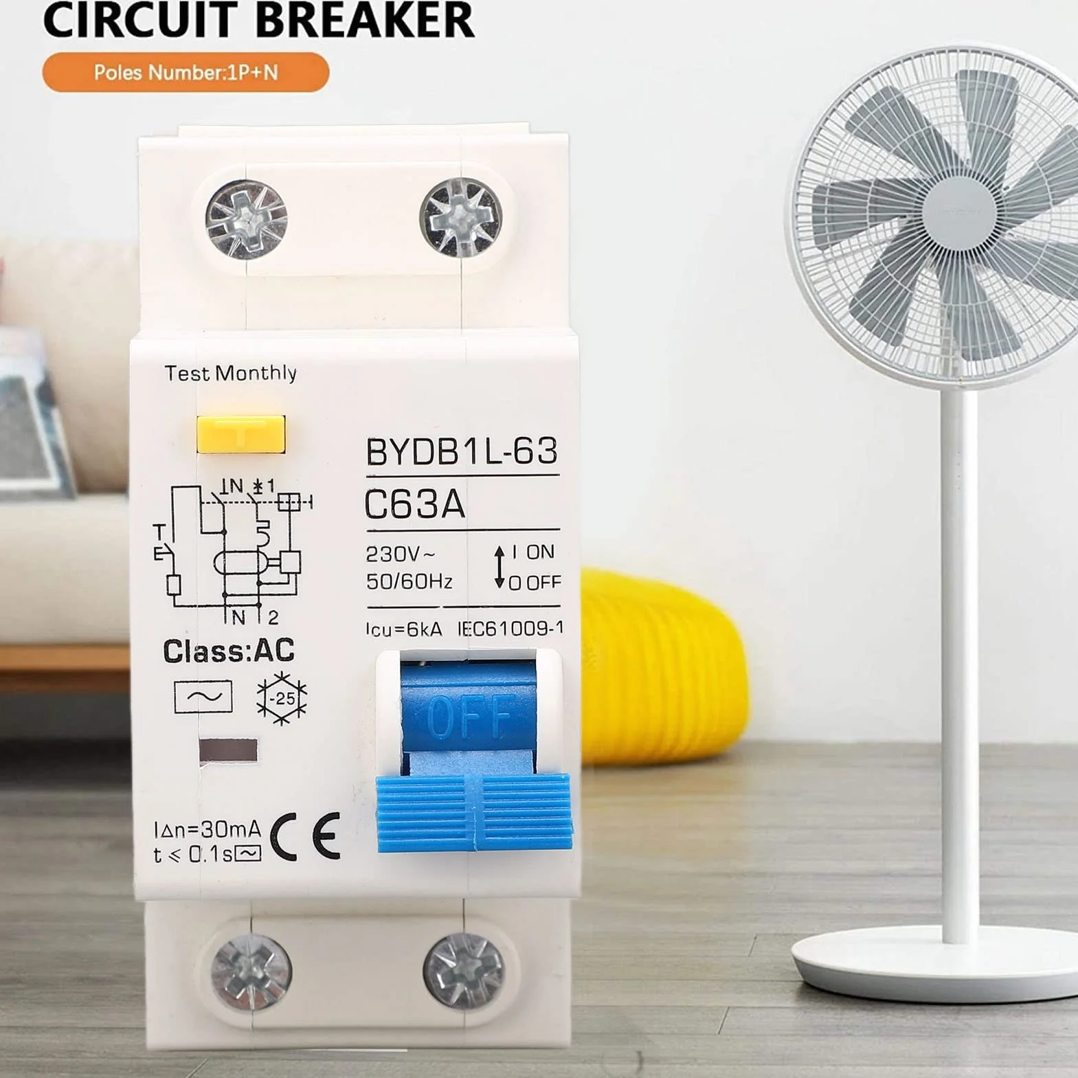 Disjoncteur Miniature 230V, AC Type 30mA C63A 1P N Disjoncteur à Courant Résiduel, Protecteur de Fuite Protection Contre les Surcharges Commutateur D'air pour Lignes de Distribution D'éclairage