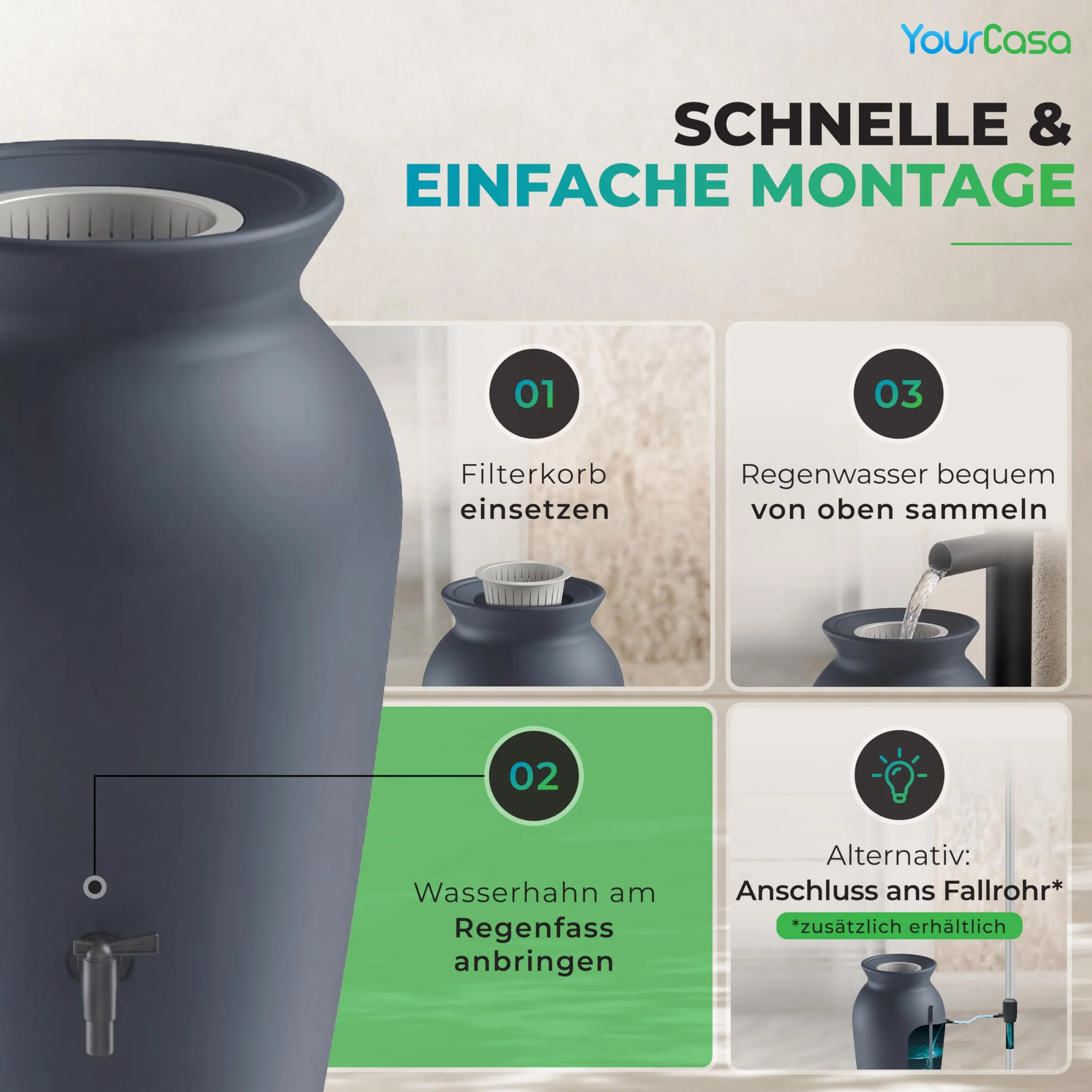 YourCasa DropCatcher Récupérateur d'eau de pluie 230 l plastique résistant au gel gris
