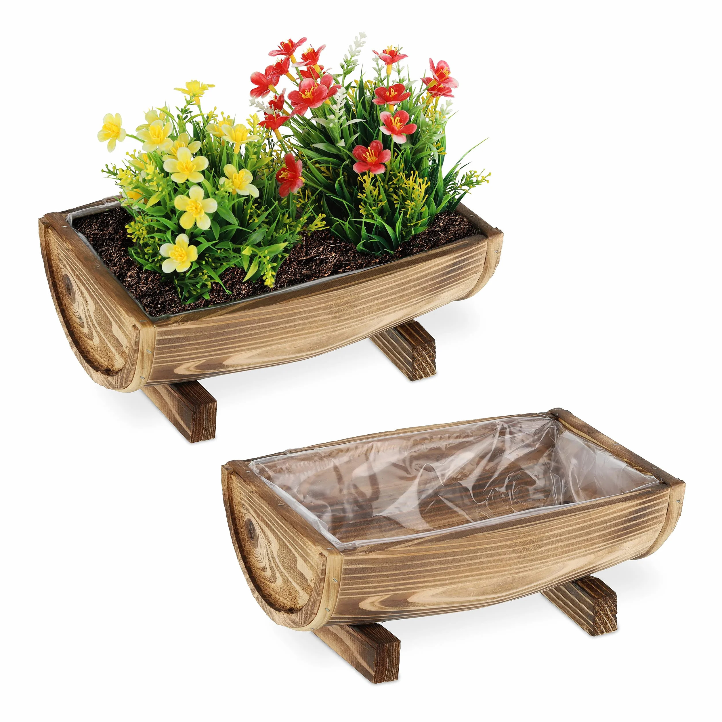 Relaxdays Jardinière Bois Lot de 2, Bac à Fleurs HLP 12,5 x 29,5 x 20 cm, Brun