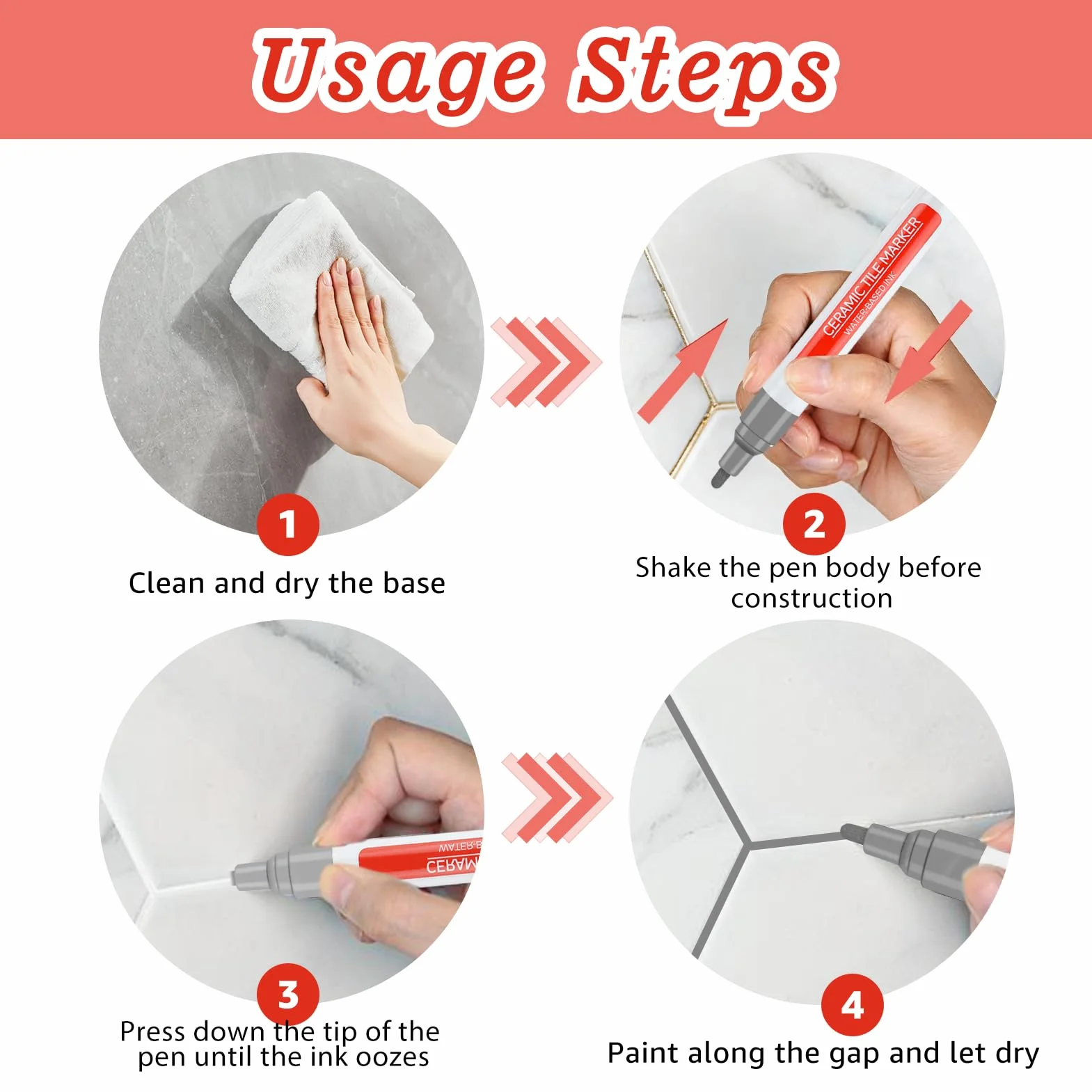 6 Pièces Stylo Joint Carrelage Gris Marqueur Joints Imperméable Grout Pen avec 6 Pointes de Rechange Rénovateur Coulis Facile à Appliquer Crayon à Coulis Réparation pour Cuisine Salle Bain Murs