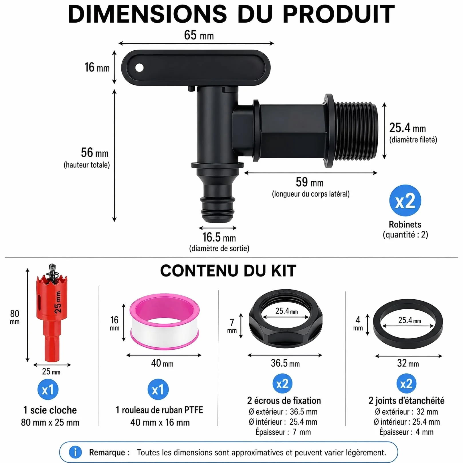Robinets d'écoulement pour Citerne d'eau de Pluie, Lot de 2, Robinet en Plastique avec Joint, Adaptateur 3/4"