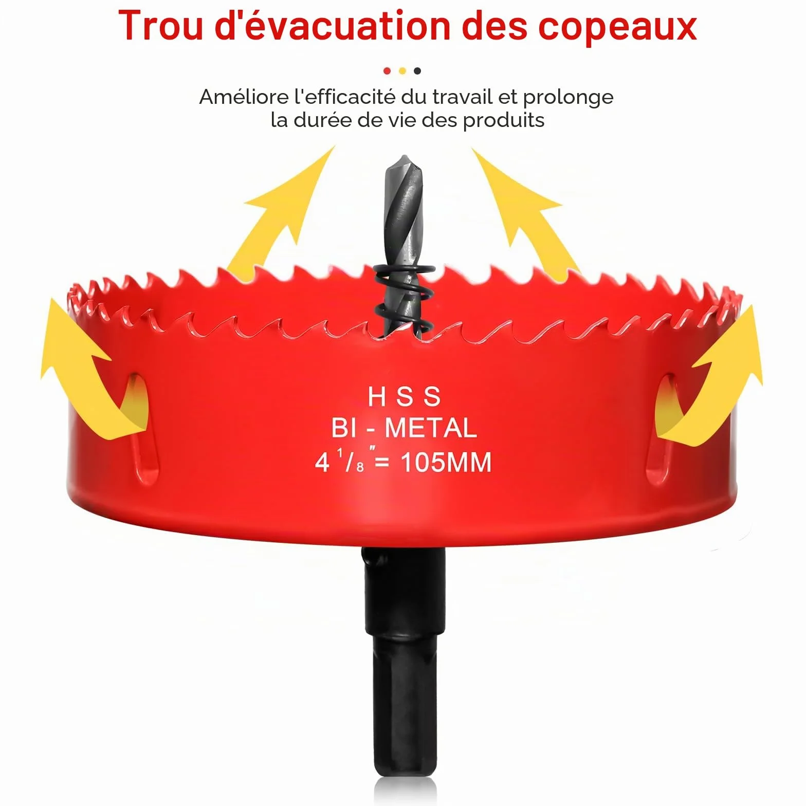 Couronne de forage de 105mm, Scie Cloche pour Bois, Foret Circulaire Bi-métal pour Placoplatre, Plastique, UPVC, Fibre de Verre