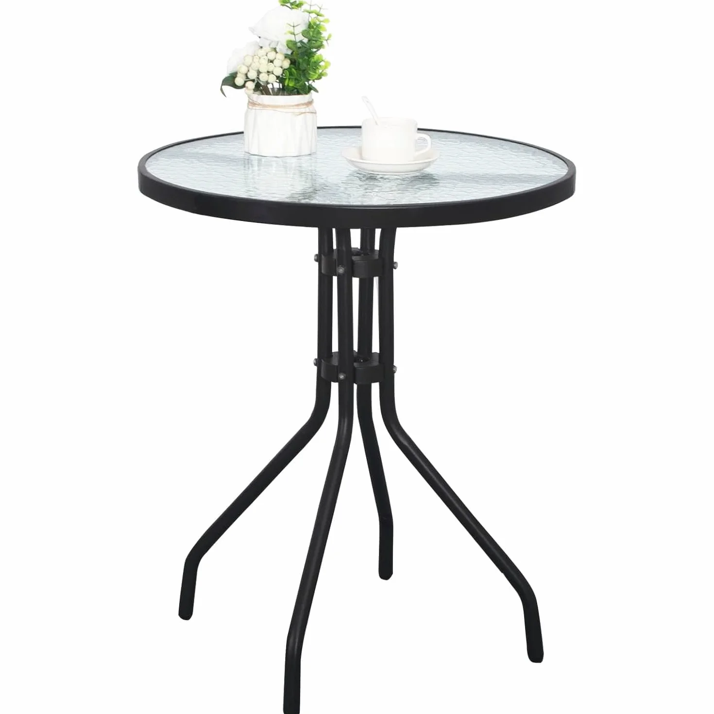 Table Ronde 60 cm Verre Trempé Transparent Piètement Acier Noir Bistrot Compact Moderne