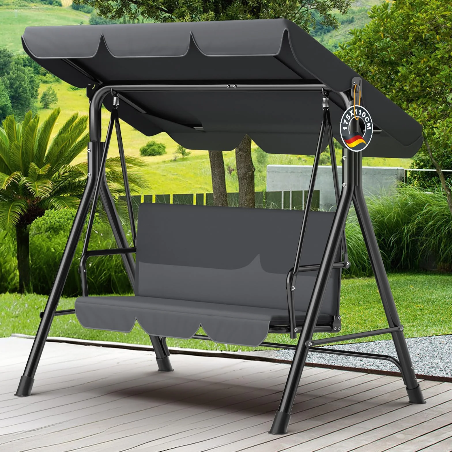 Balancelle 3 Places Toit réglable Jardin Pieds antidérapants Charge 200 kg résistante intempéries Anthracite