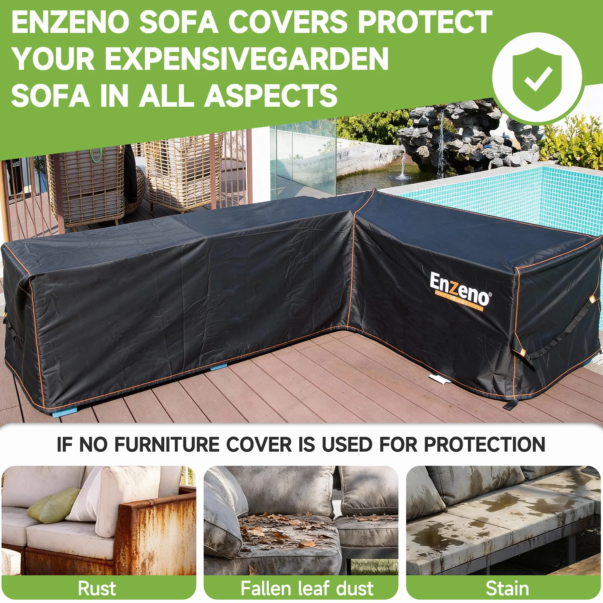 Enzeno Housse de canapé d'angle imperméable en tissu Oxford 420D 255 x 255 x 87 cm