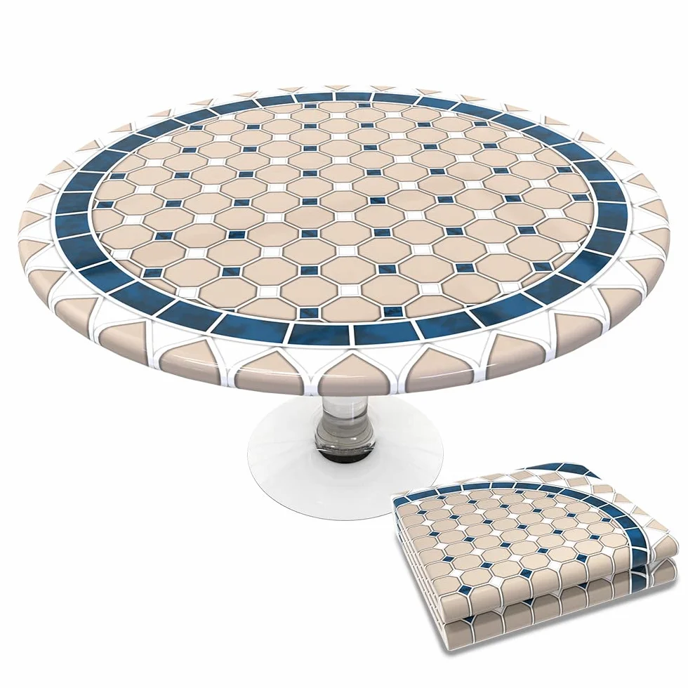 Nappe de Table Ronde en PVC Imperméable Anti Tache avec Doublure Élastique pour Jardin Intérieur Extérieur