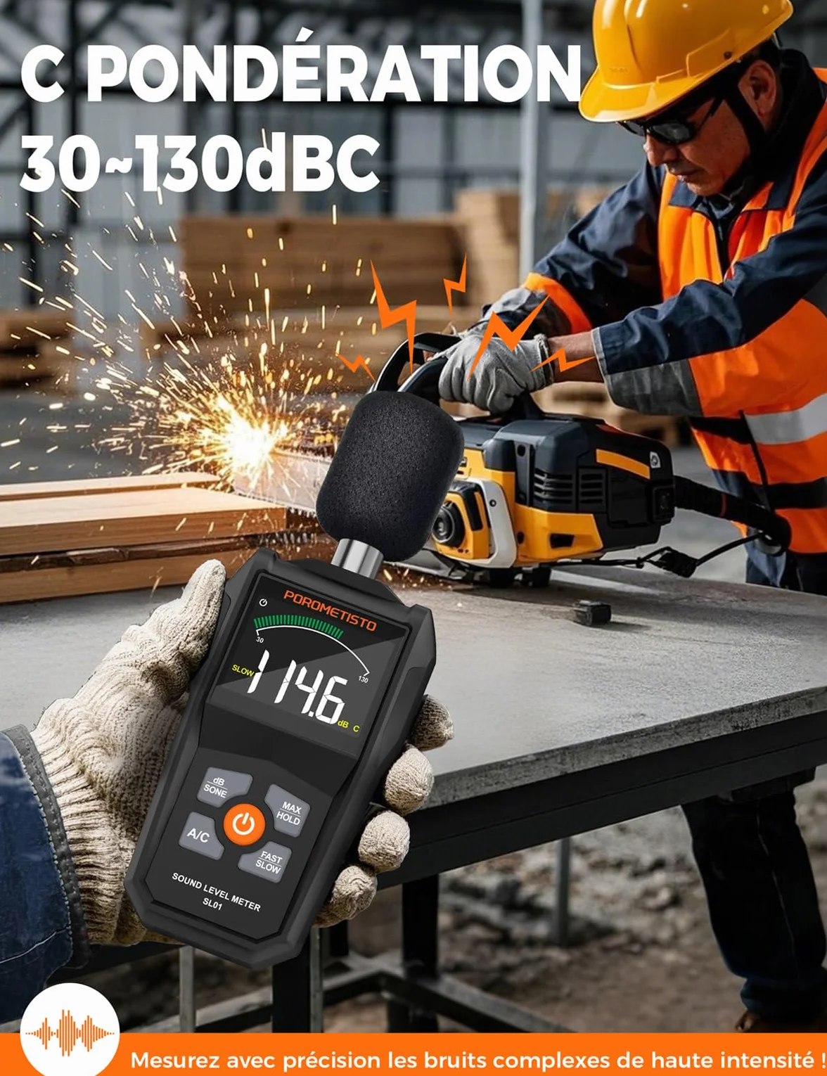 Sonomètre, POROMETISTO SL01,30-130db Sonometre Decibelmetre, Unités dB/SONE à Commutation Rapide, Affichage MAX/MIN, Conservation des données Decibelmetre -S'applique à Nuisances Sonores de Voisinage