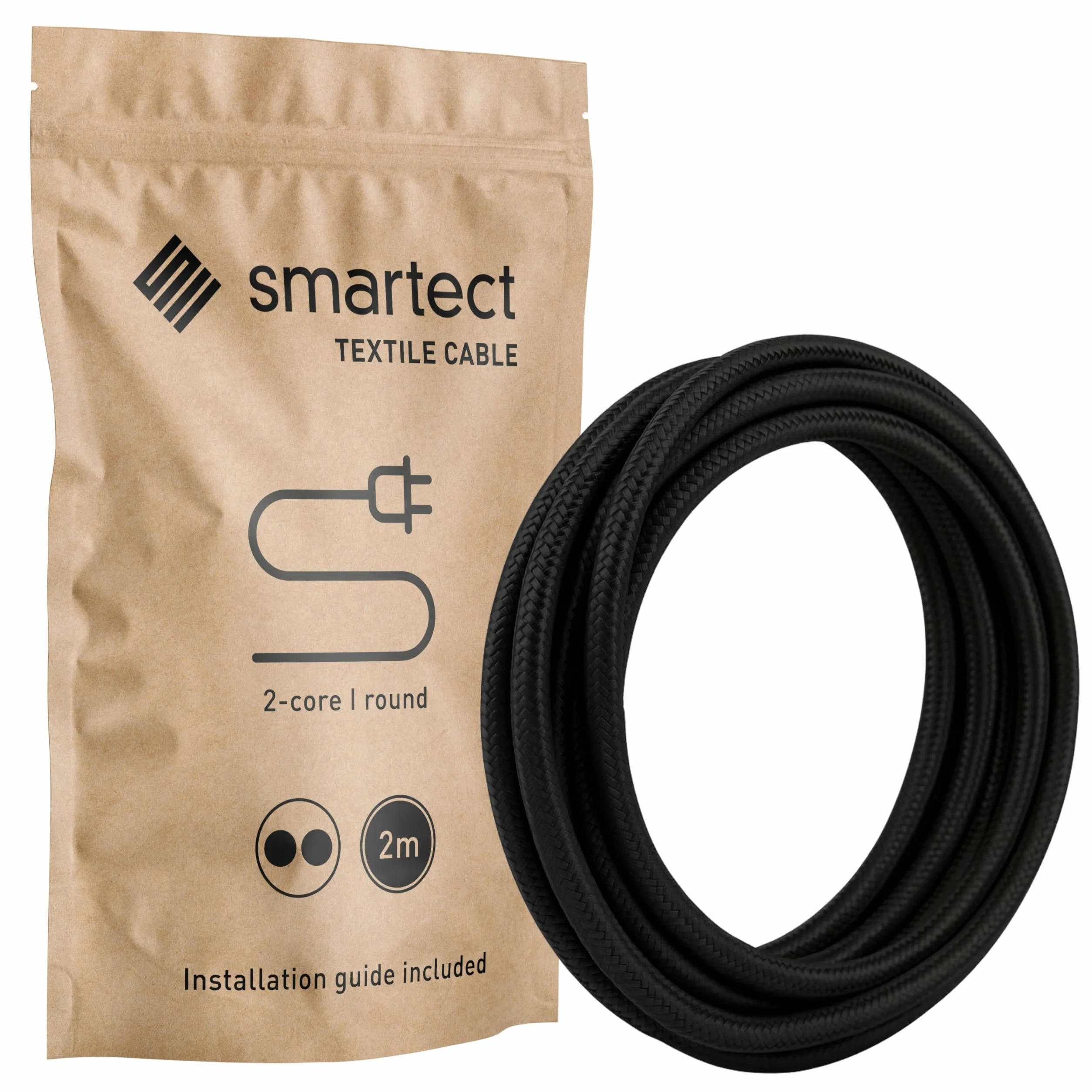 smartect Cable Electrique Textile Noir, Fil Electrique Tissu de 2 Mètres, 2 Conducteurs (2 x 0,75mm²) Cable Tissu Lampe pour Les Projets de Bricolage