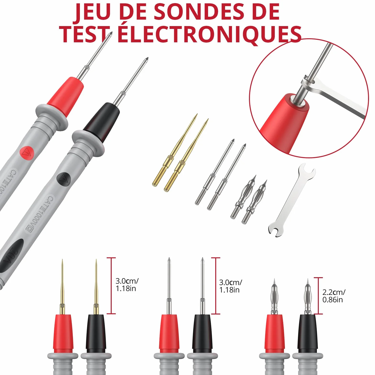 BINTA Cordons de Test Multimètre CAT III 1000V 20A, 1m Câbles avec Fiches Banane 4mm Isolées, Pointes Interchangeables 1/2/4mm (Plaquées Or), Pinces Crocodile, Capuchons
