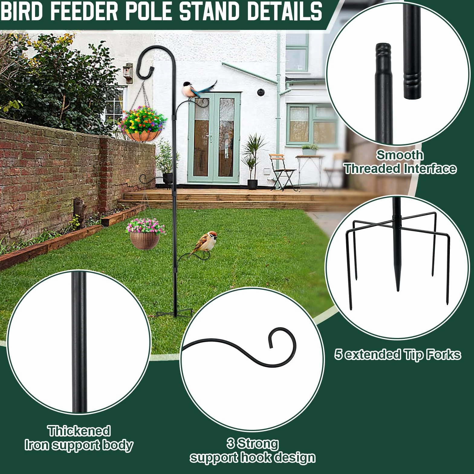 Support Mangeoire Oiseaux Métallique 193 cm 3 Crochets pour Extérieur Jardin