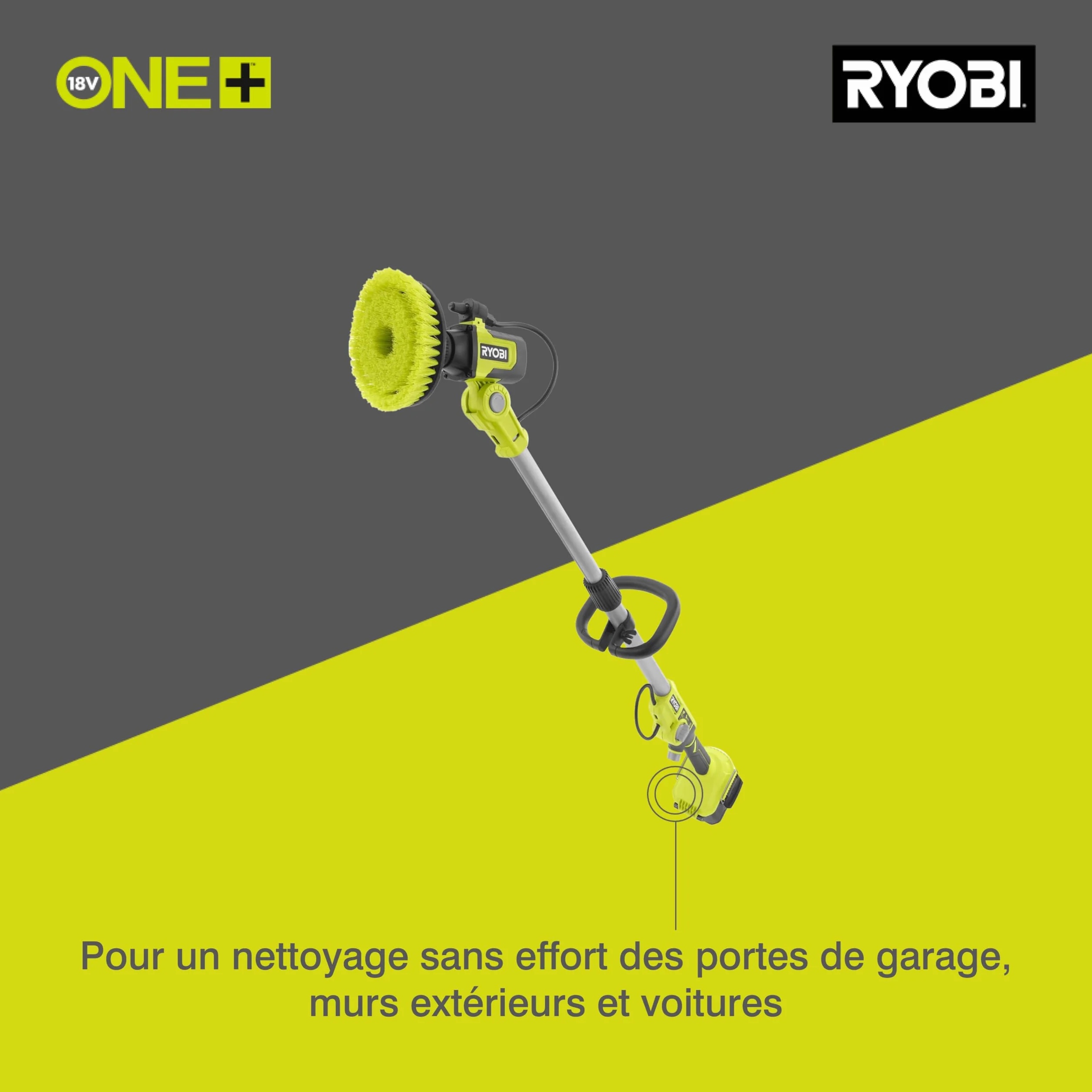 RYOBI - Brosse Rotative télescopique sans Fil 18V One+ RWTS18-0 – Brosse Plate Large, Poignée GripZone, Nettoyage Sols Extérieurs, Murs, Meubles, Hauteur 1,4m – Batterie Non Incluse