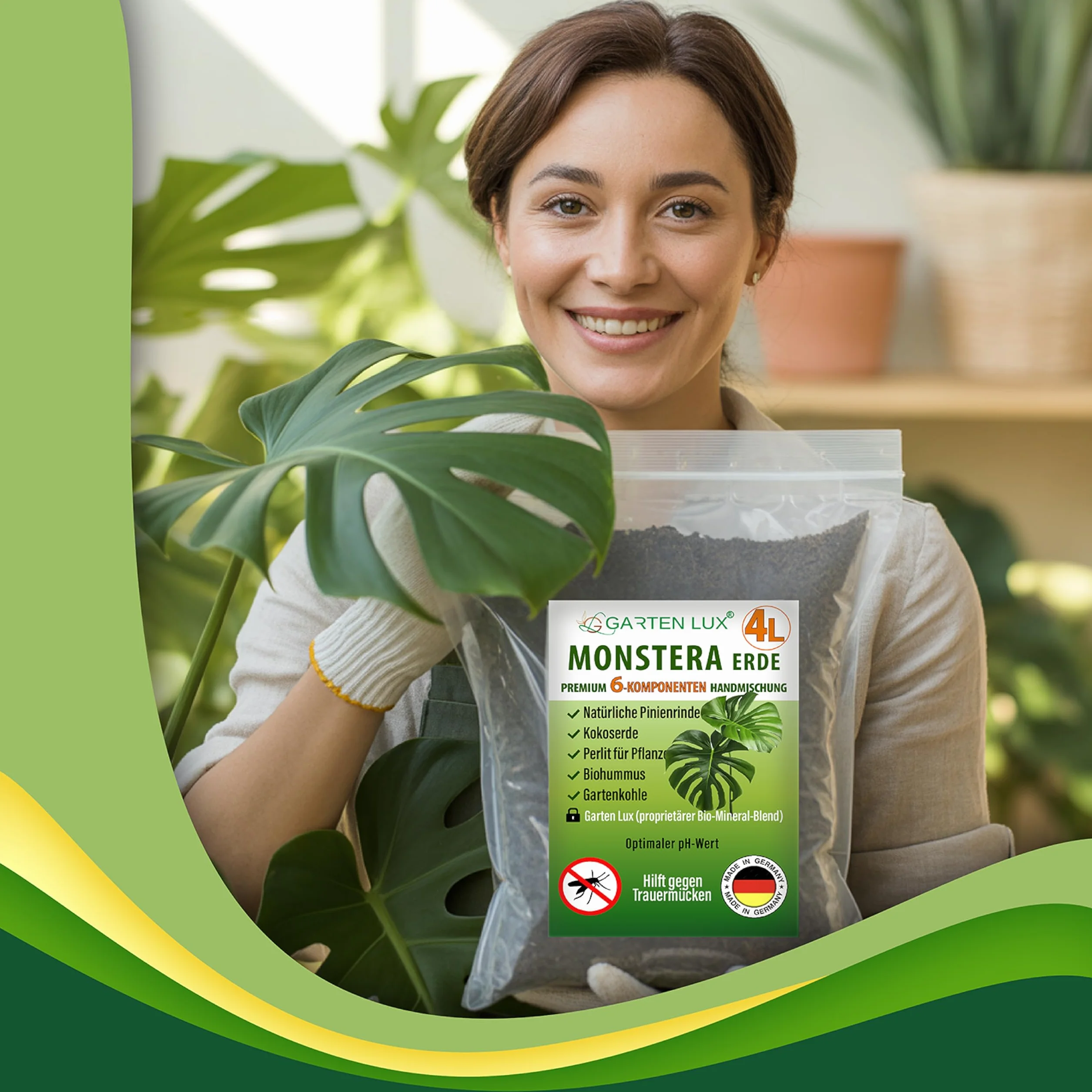 Monstera Terreau sans tourbe 6 en 1 contre les sciarides - Substrat aroïde - Terreau de coco, perlite, écorce de pin, biohumus, charbon de jardin