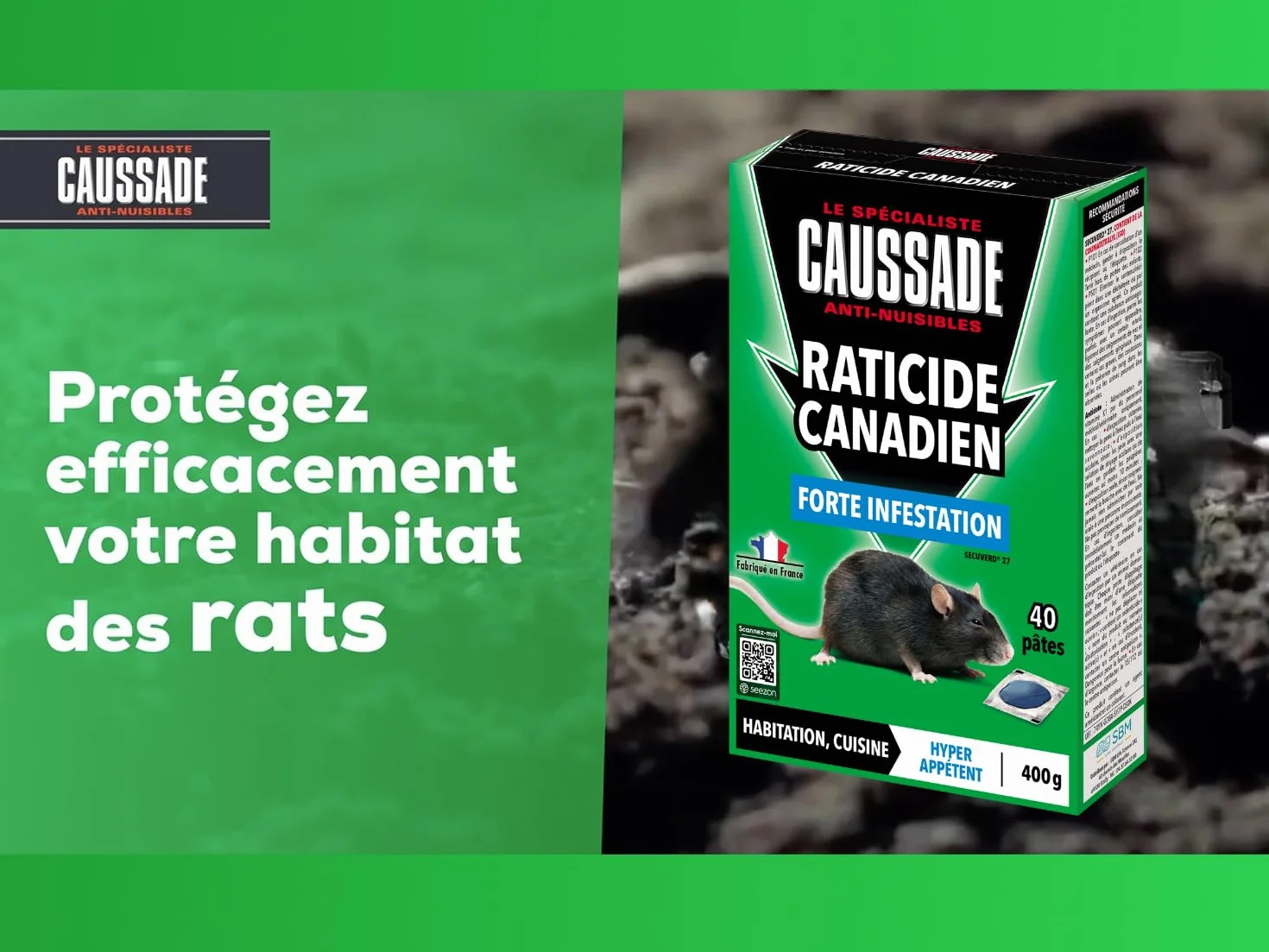 Caussade Raticide Canadien Anti Rats Souris 40 Appâts Pâtes 400g Prêt à l'emploi Fabriqué en France
