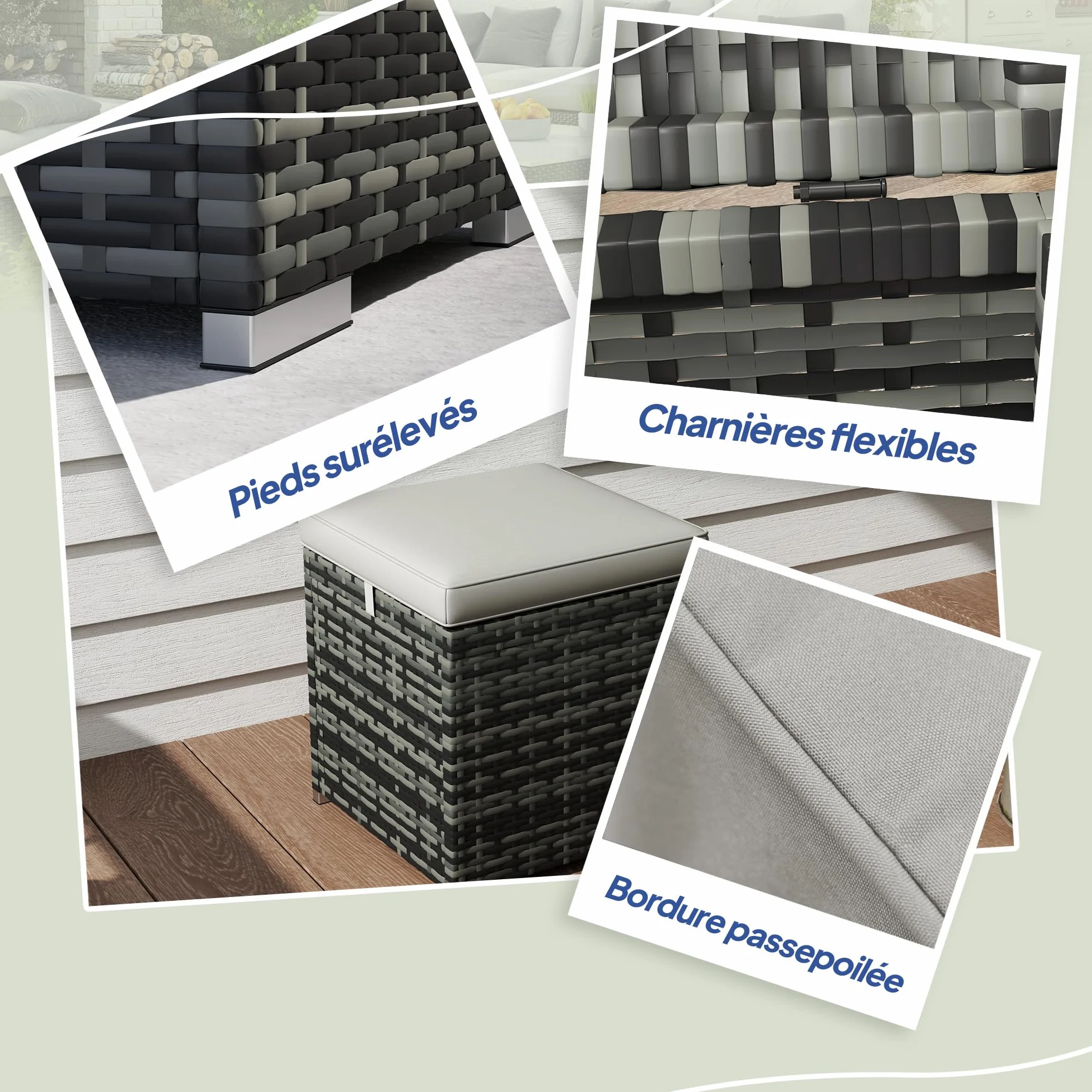 Outsunny Lot de 2 Tabourets avec Rangement en Rotin PE, Pouf Jardin 40x40x41 cm Gris Clair