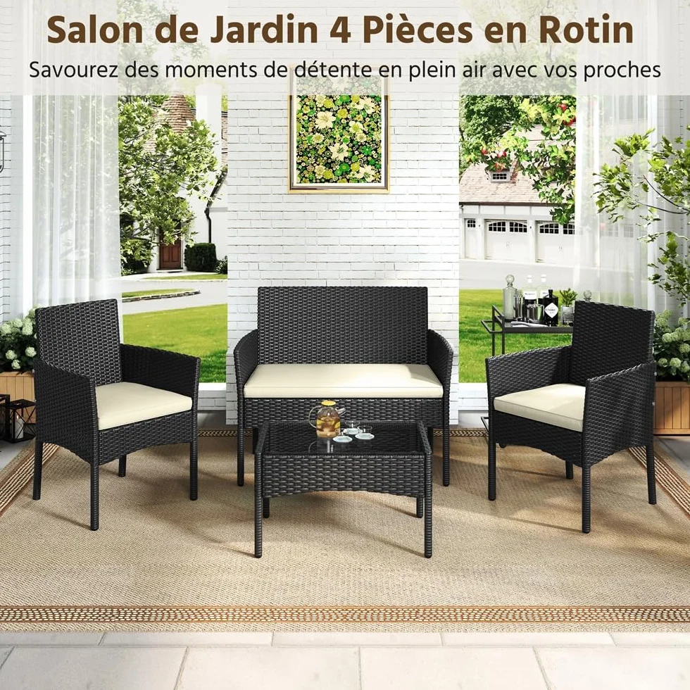 Yaheetech Salon de Jardin 4 Personnes Polyrotin Métal Mobilier d'extérieur 4 Pièces avec Coussin Canapé 2 Places 2 Fauteuils 1 Table Basse Noir/Beige