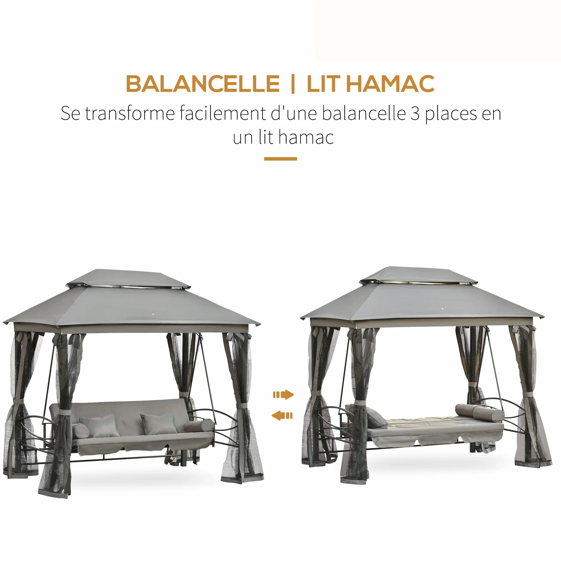 Outsunny Balancelle de Jardin 3 Places Convertible Colonial 5 Coussins + Matelas + Moustiquaire 2,56L x 1,72l x 2,48H Gris