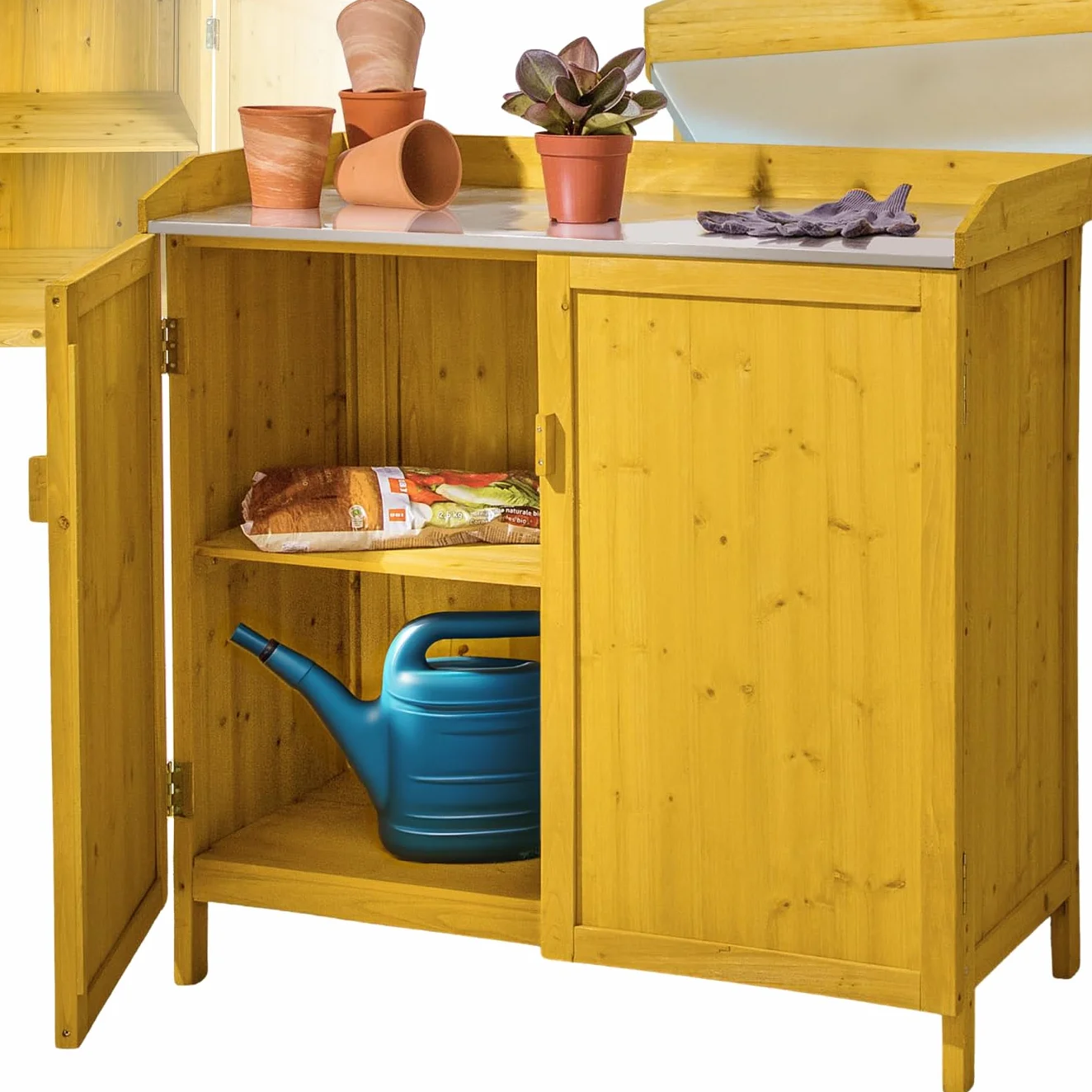 Tectake Table de rempotage Abri de Jardin Bois Plan de Travail zingué Table de Culture Rangement Outils Jardinage Armoire Jardin Exterieur Plantes Fleurs semis Potager