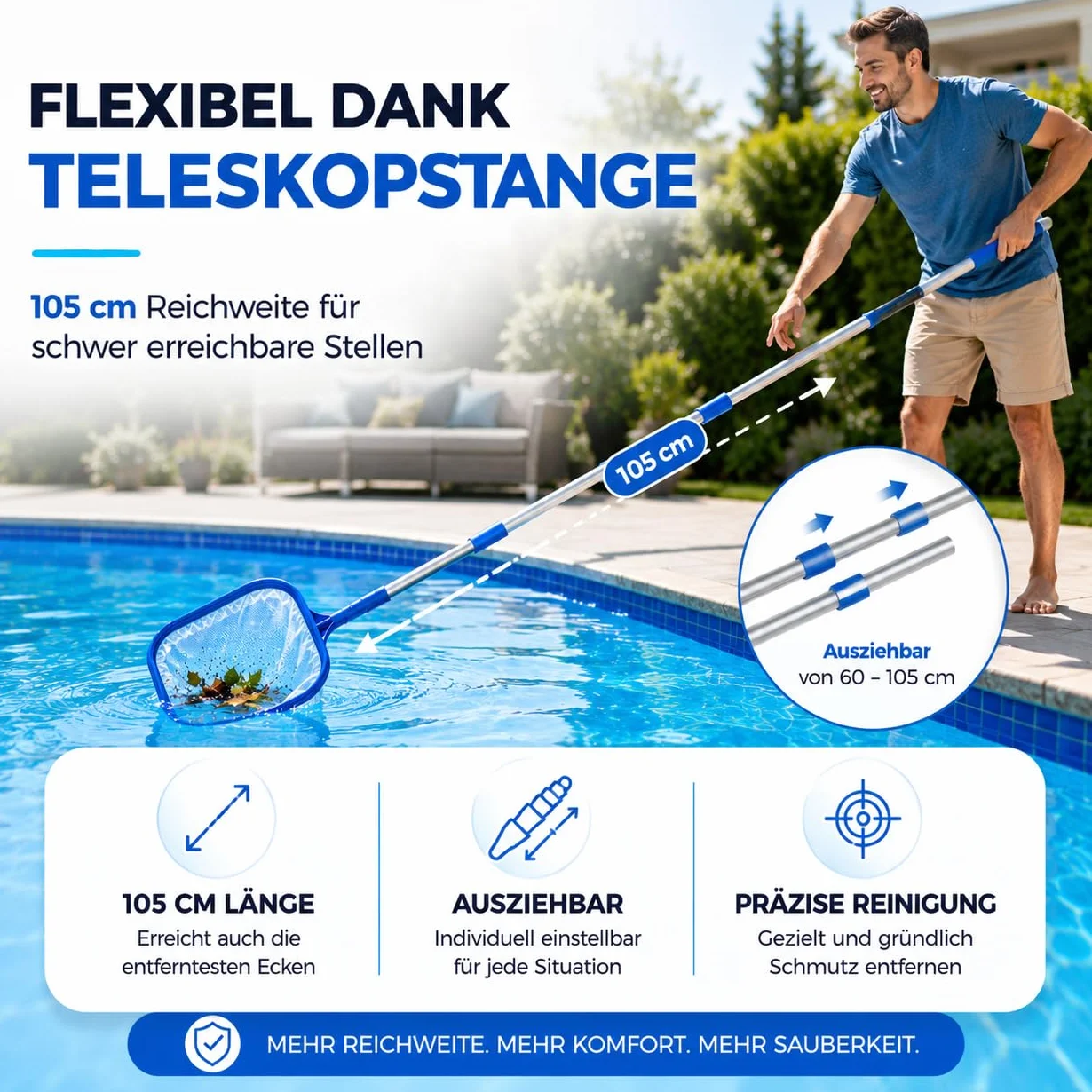 Épuisette de piscine avec manche télescopique 105 cm – pour piscine et étang, Bestway