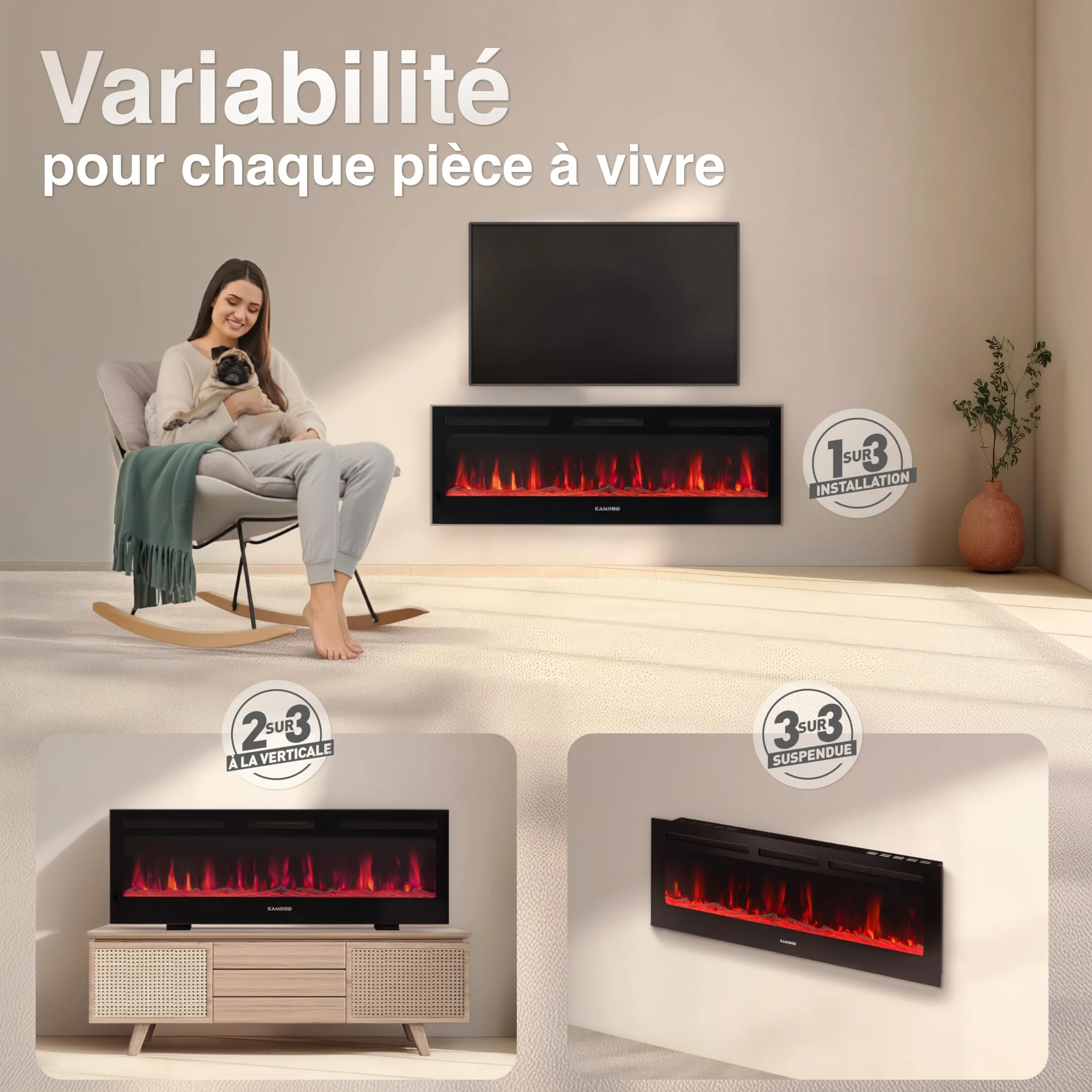 KAMINIO Cheminée Electrique Marlon - Cheminée Électrique 3-en-1 avec Chauffage, Effet de Flamme 3D, 12 Couleurs de Flammes, télécommande (60 Pouces)