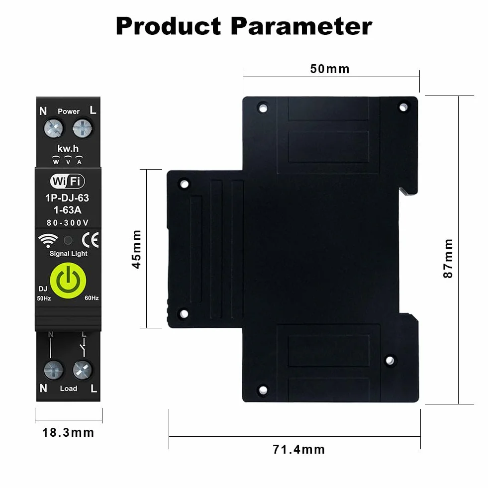 WiFi Disjoncteur intelligent ON OFF Timing Photovoltaïque Bidirectionnel Compteur d'énergie Protecteur de réenclenchement automatique avec mesure et fonction prépayée Compatible avec Alexa et Google
