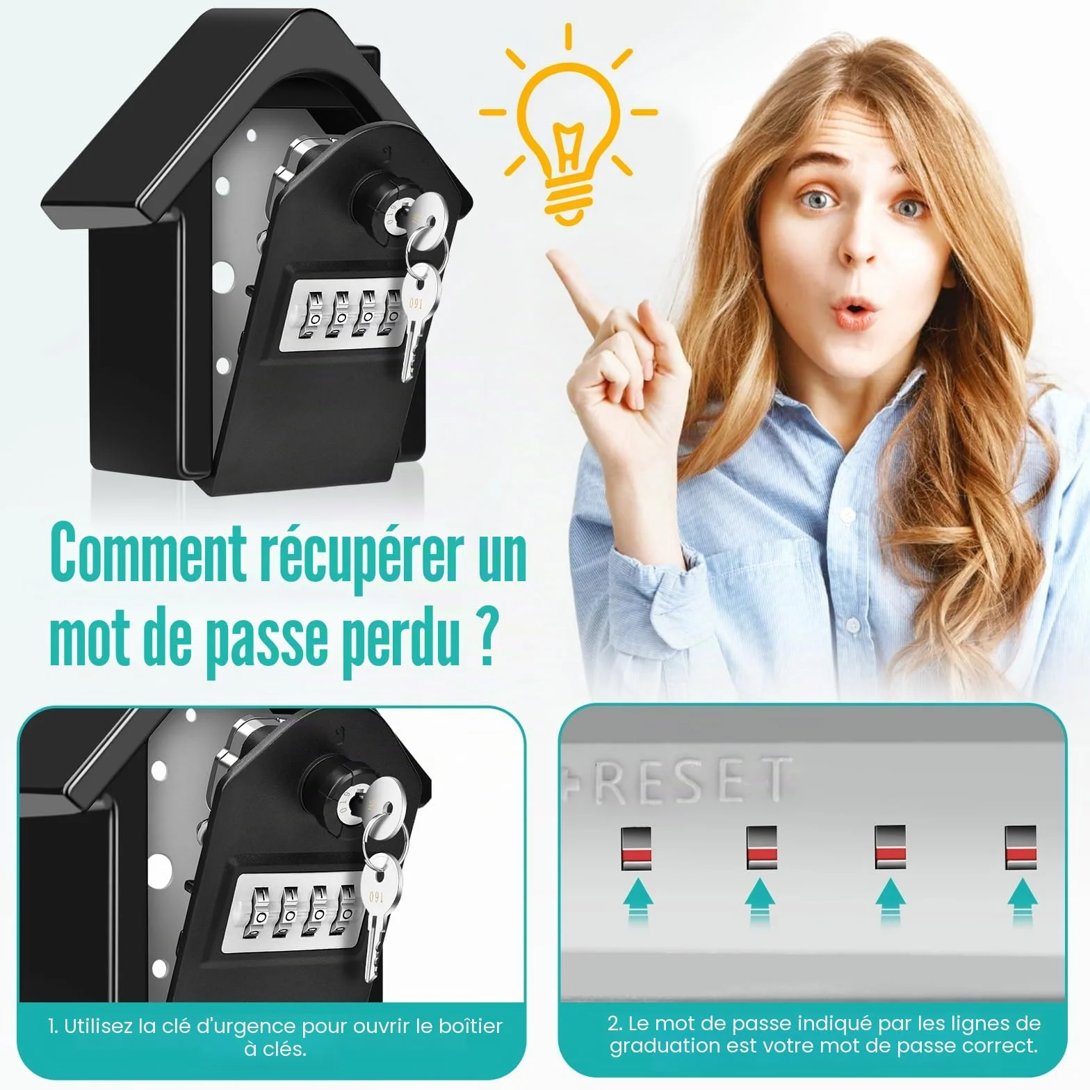 Coffre à Clé Mural Sécurisé Grand Format XL avec Code Numérique & Clés d'Urgence pour Extérieur Noir