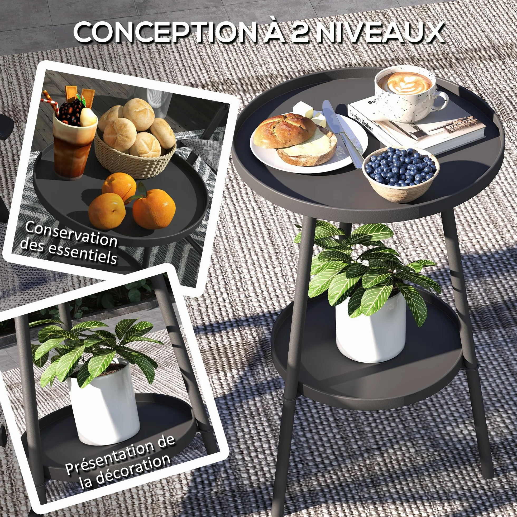 Outsunny Petite Table d'appoint Ronde 2 Niveaux Table de Jardin Métal Noir