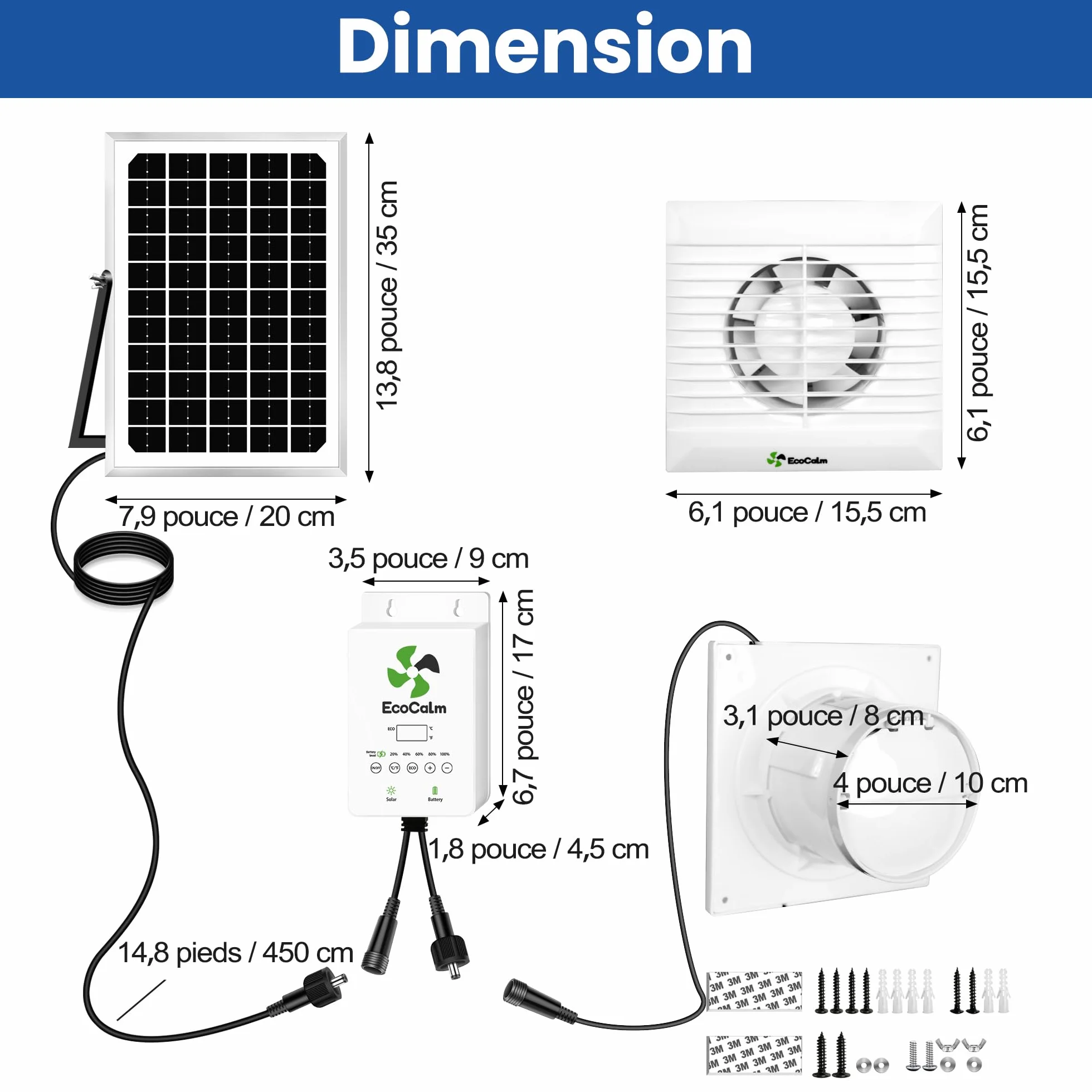 Ventilateur solaire 100mm avec panneau solaire batterie cable 4,5m pour serre jardin
