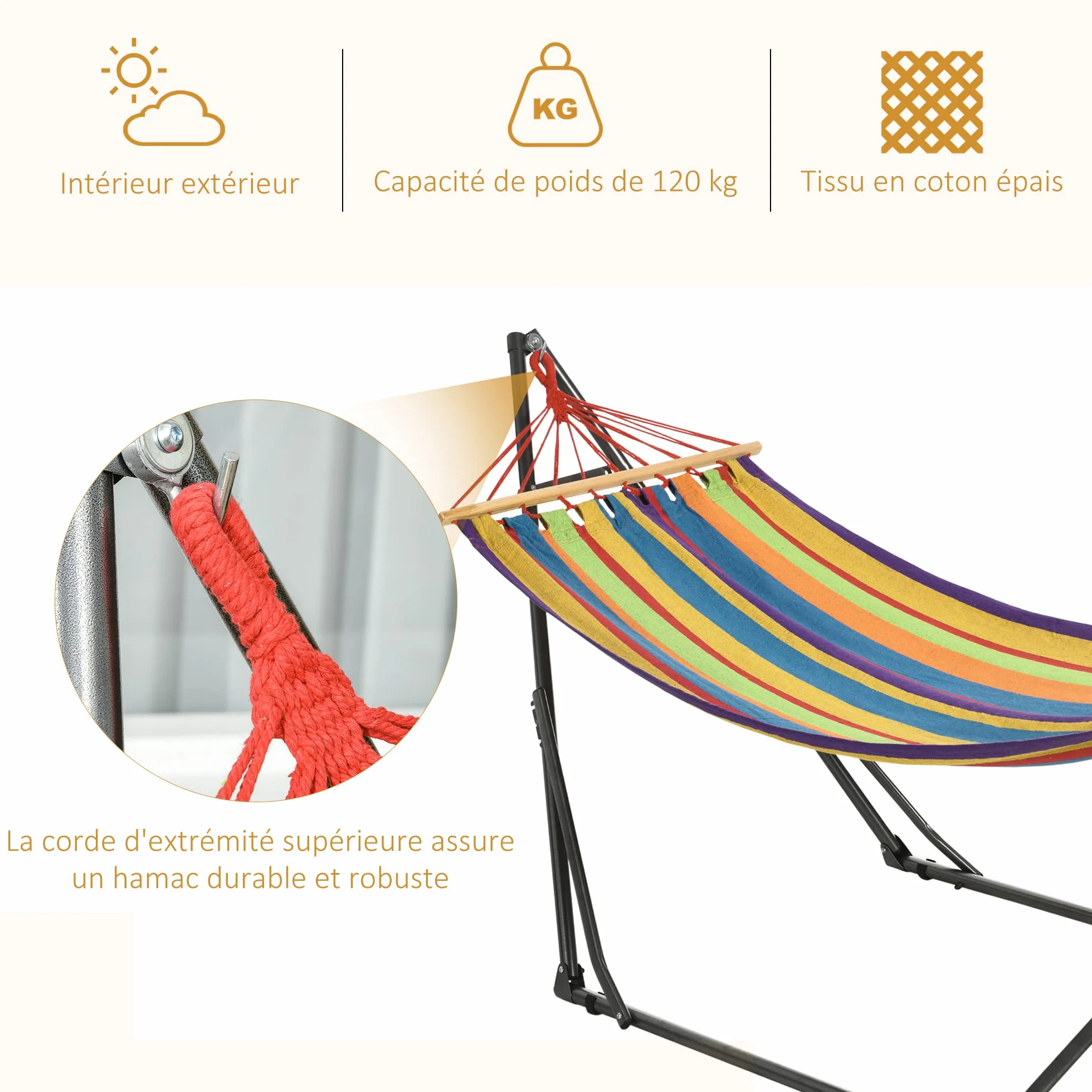 Outsunny Hamac de Jardin Pliable 1 Place 120 Kg 270x100x94cm