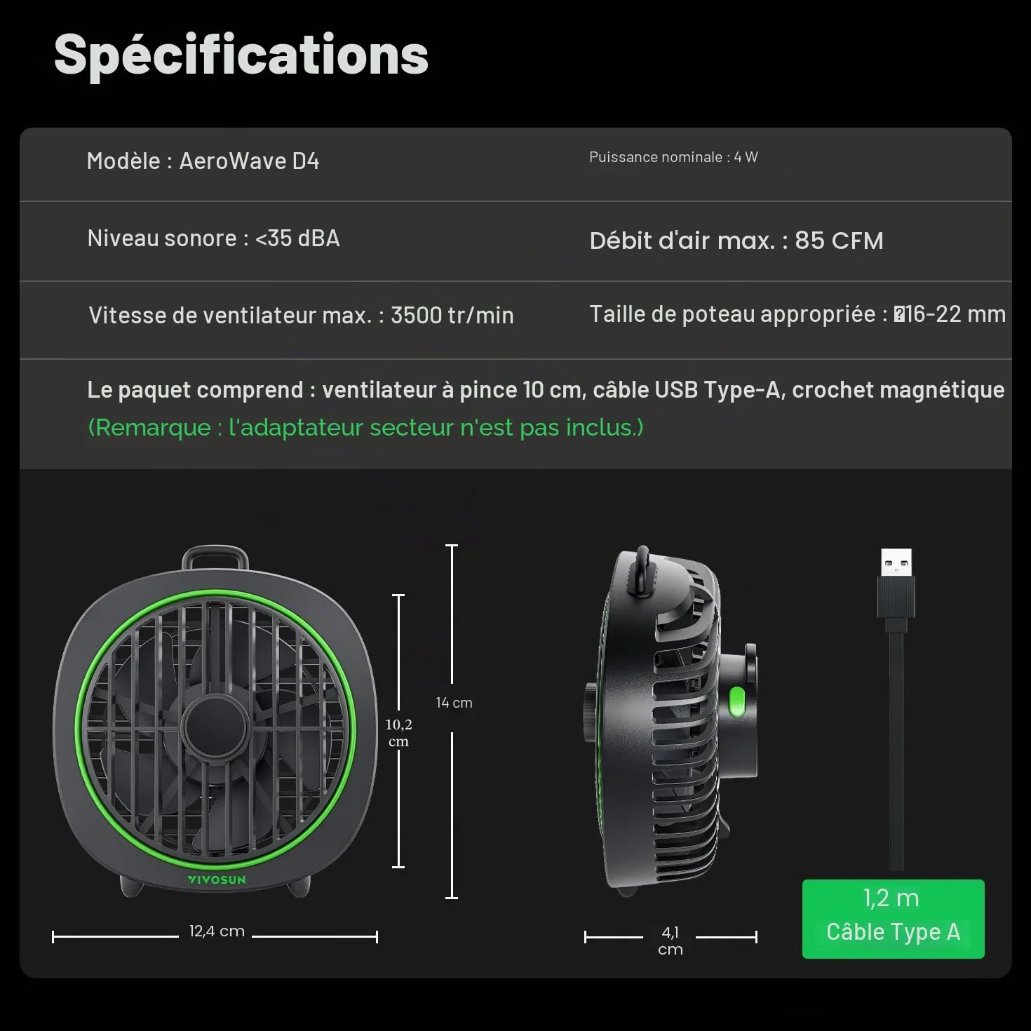 VIVOSUN AeroWave D4 Ventilateur de culture à pince 10 cm 3 vitesses angle réglable lot de 2