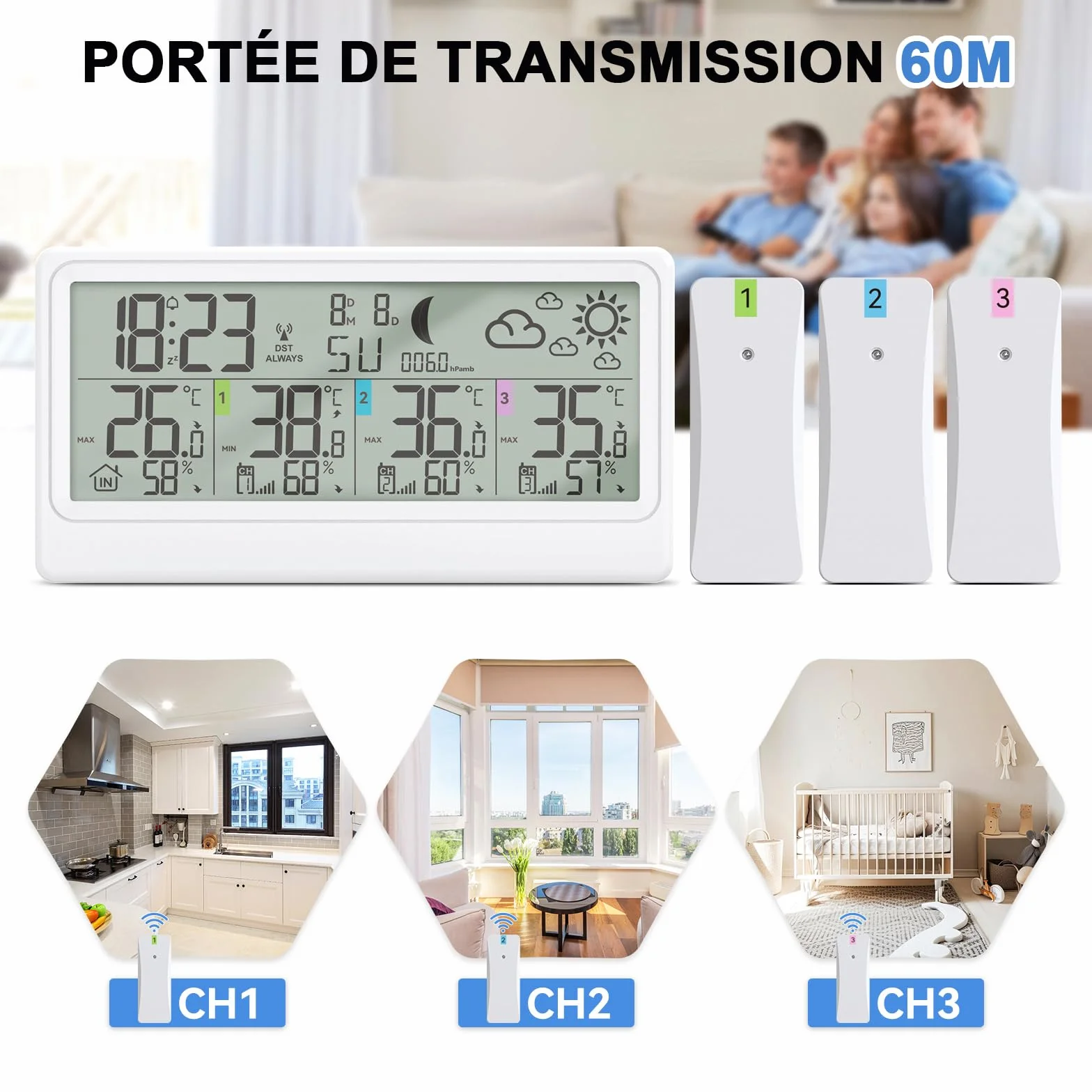 Station Météo Sans Fil 3 Capteurs Intérieur Extérieur Thermomètre Hygromètre Baromètre Écran LED 8,5" Prévisions Horloge Alarme Snooze