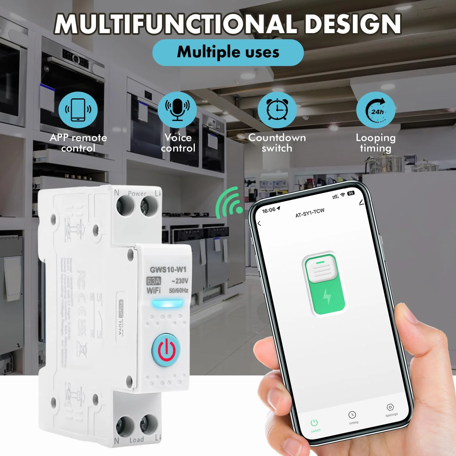 Interrupteur connecté wifi 63A Tuya Disjoncteur connecté wifi Commande vocale Minuterie interrupteur AC230V disjoncteur intelligent Compatible avec Alexa Google Home GWS10-W1