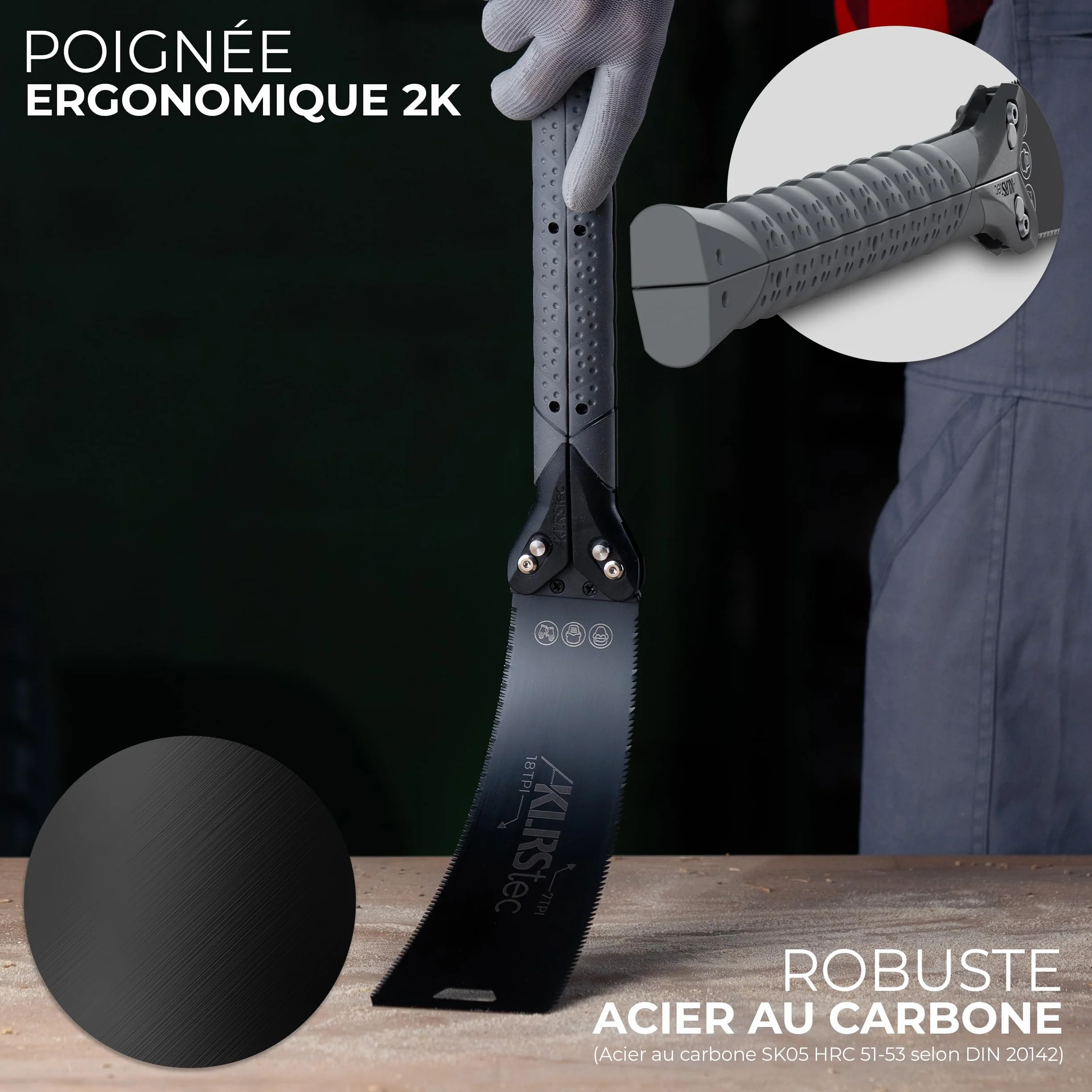 KLRStec Scie japonaise PRO XL - Lame de scie dentelée des deux côtés [240mm] en acier au carbone - Scie de traction pliable avec poignée TPU antidérapante