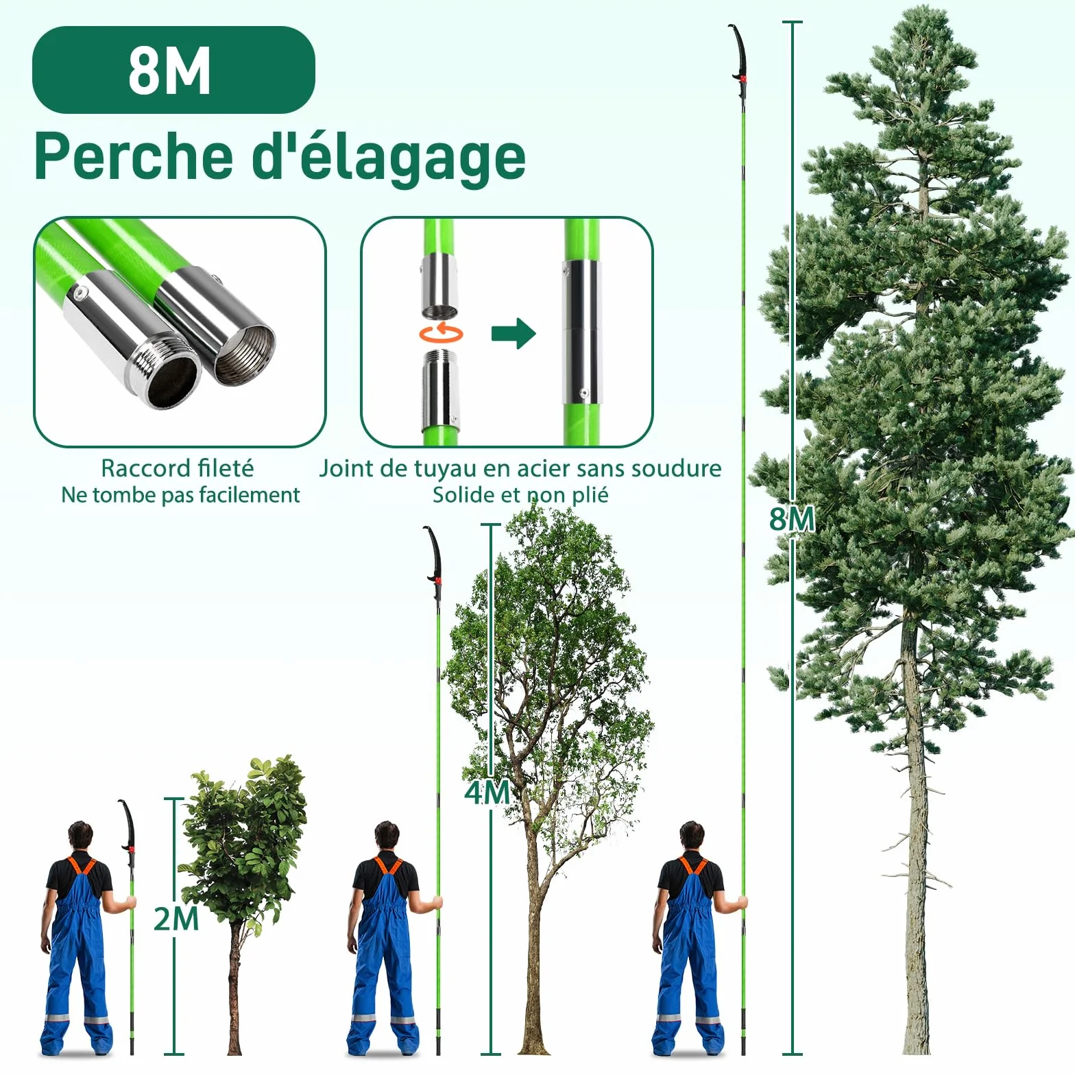 LEADZM Scie à Élaguer Télescopique 2-8 m, avec 8 Poteaux Fibre de Verre - Coupe branche telescopique pour Élagage Palmiers Arbustes, vert