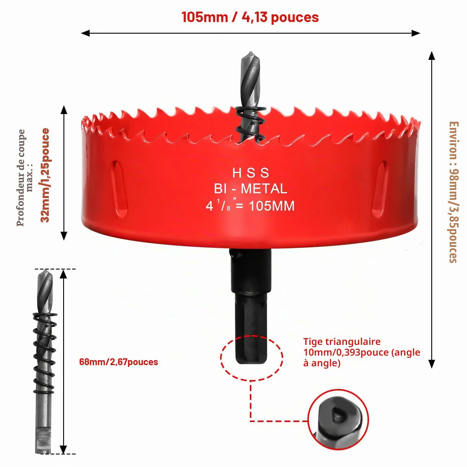 Couronne de forage de 105mm, Scie Cloche pour Bois, Foret Circulaire Bi-métal pour Placoplatre, Plastique, UPVC, Fibre de Verre