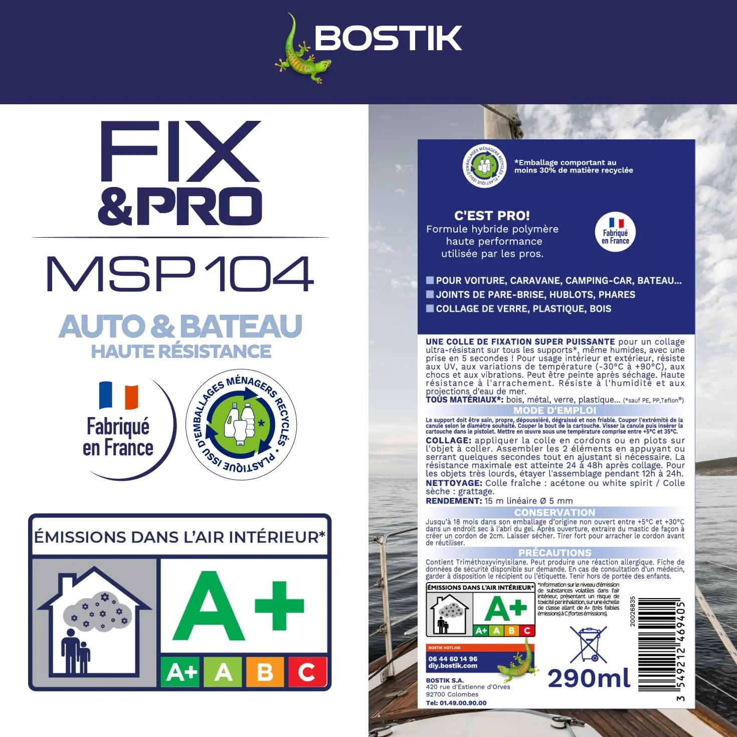 Bostik FIX&PRO MSP 104 Noir – Mastic Colle et Joint Auto, Bateau, Camping Car – Tous matériaux – Résiste aux UV, Intempéries et à l’Eau de Mer – MS Polymère – 290ml