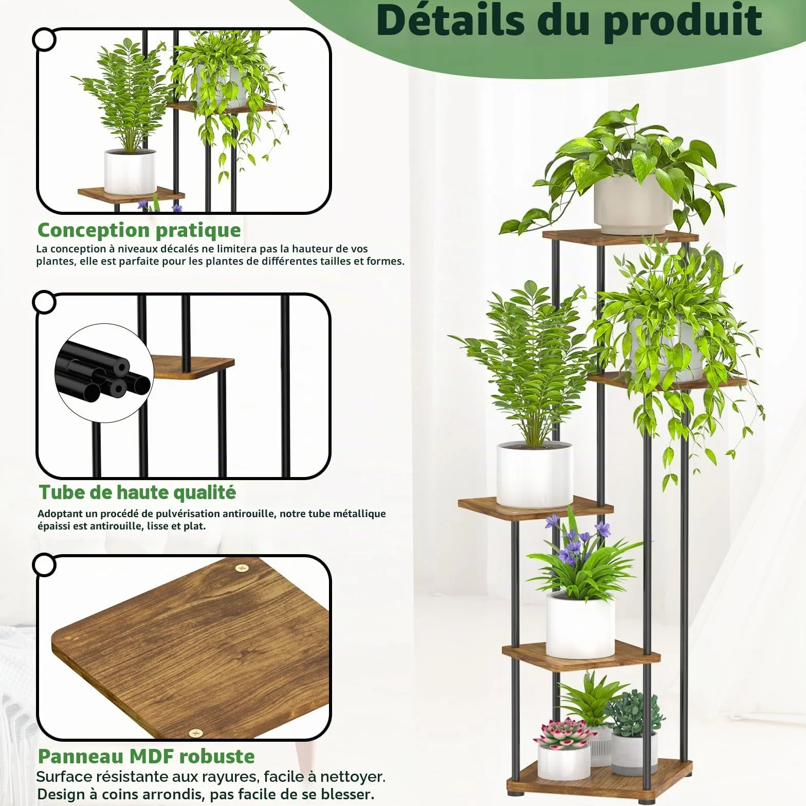 Étagère pour plantes d'intérieur 5 niveaux métal présentoir d'angle