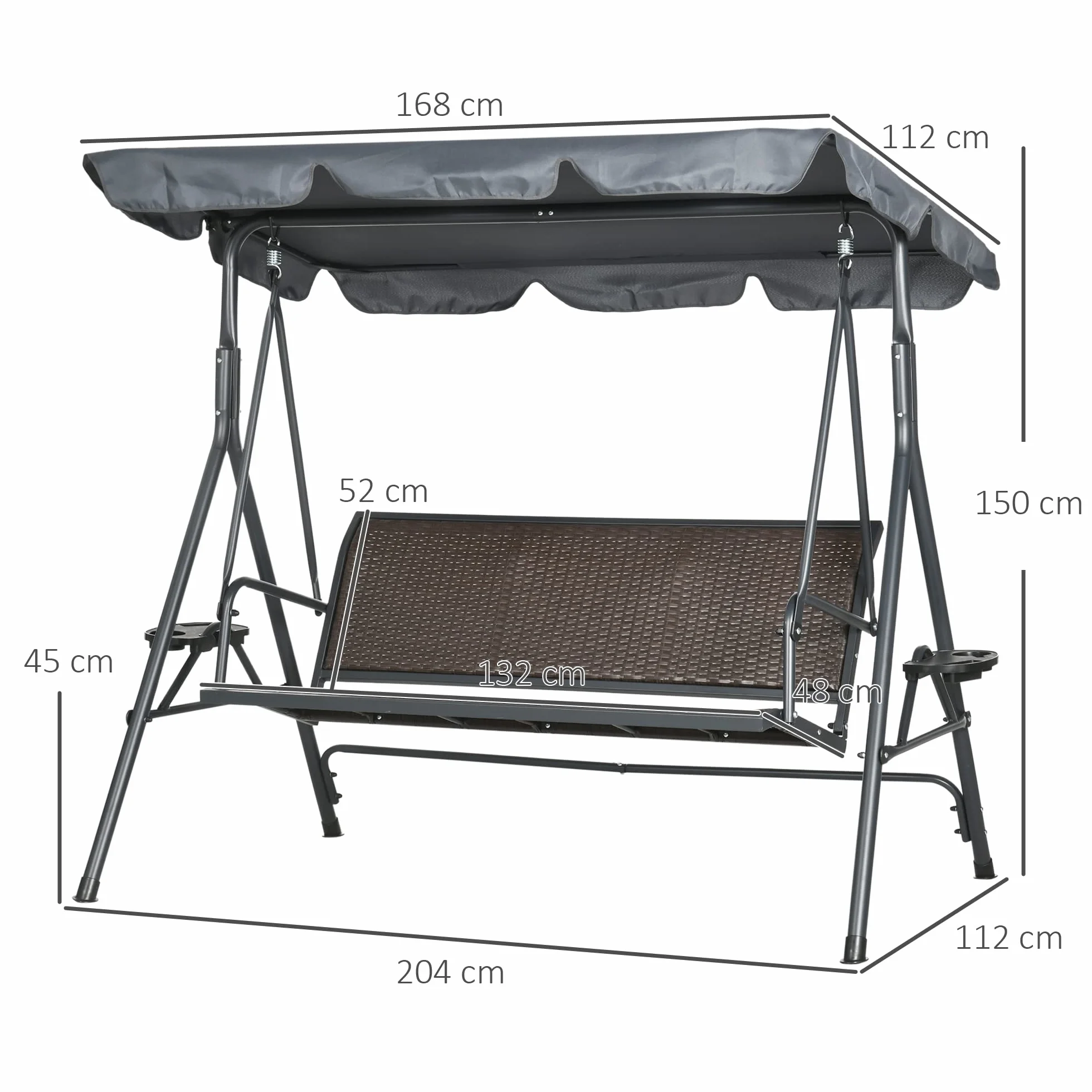 Outsunny Balancelle de Jardin 3 Places Toit Inclinaison réglable Porte-gobelets Plateaux Résine Tressée PE Acier Polyester Gris Foncé Marron