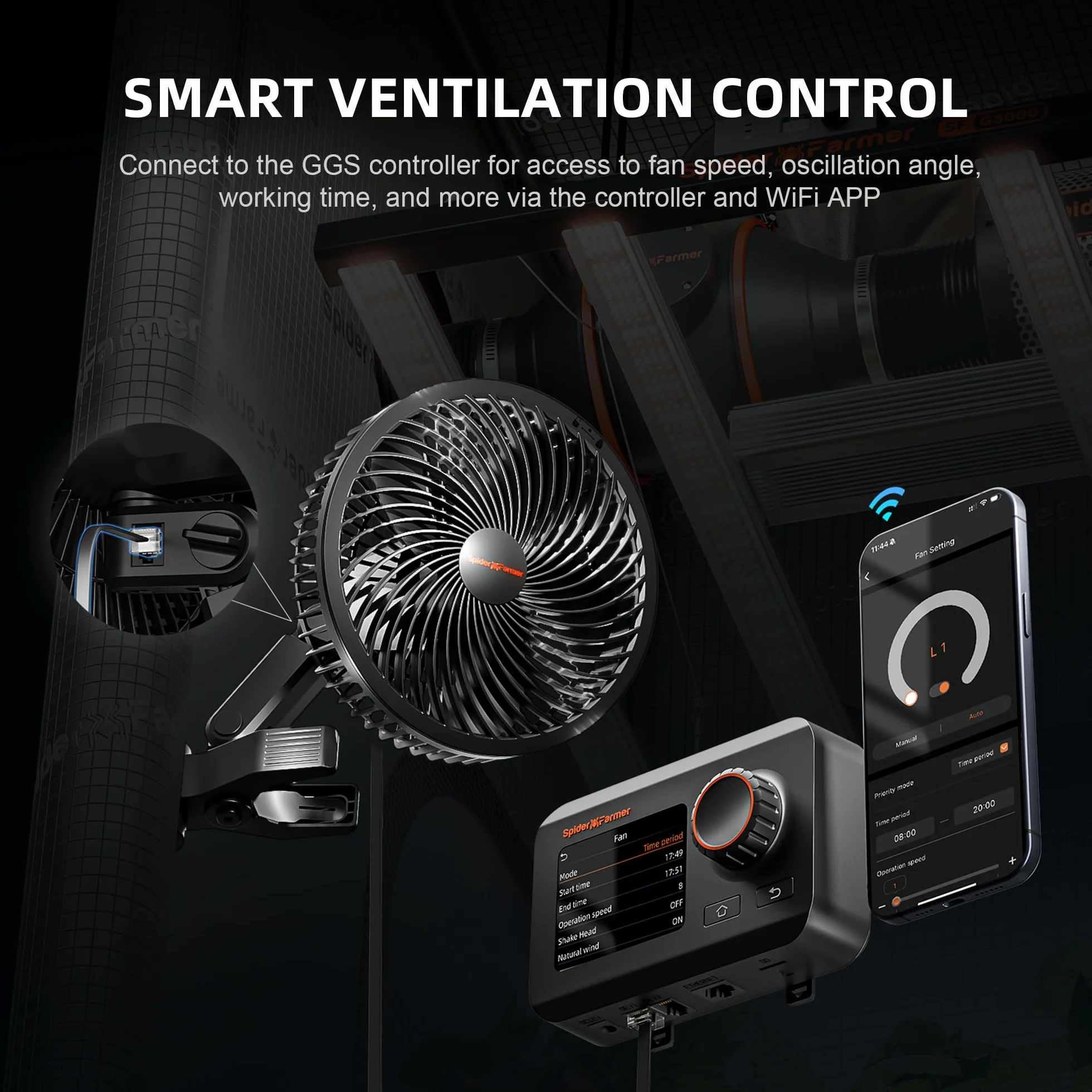 Spider Farmer Ventilateur Clipable 8W 10 Vitesses Contrôle par App Moteur EC IP54 Oscillant pour Tente de Culture