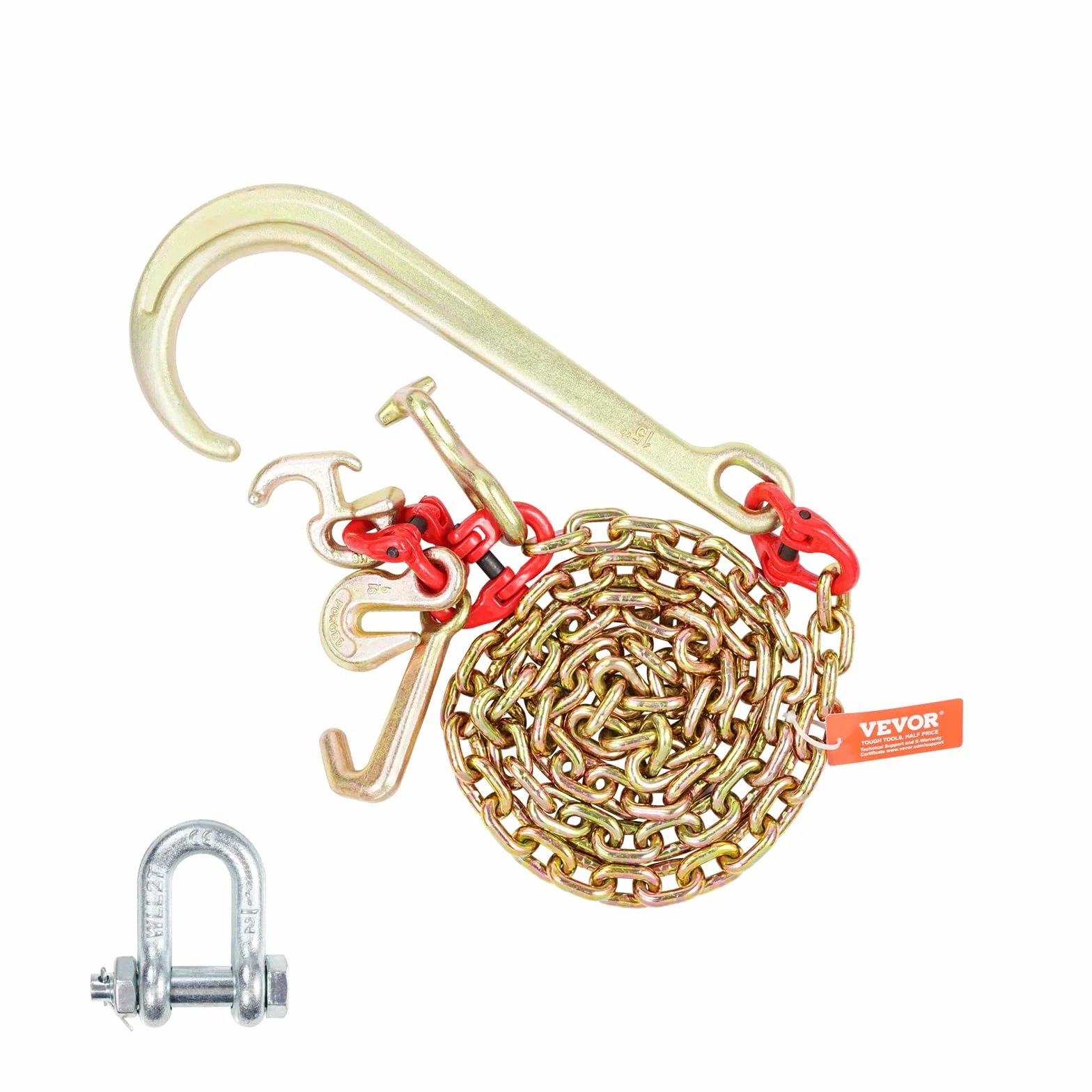 VEVOR Chaîne de Remorquage à Crochet J Tige Longue, Capacité de Charge 2448 kg,​ Chaine de Remorque G80 avec Crochet RTJ, 8 mm x 180 cm, pour Récupération, Dépannage, Transport, Dépanneuse, Camion