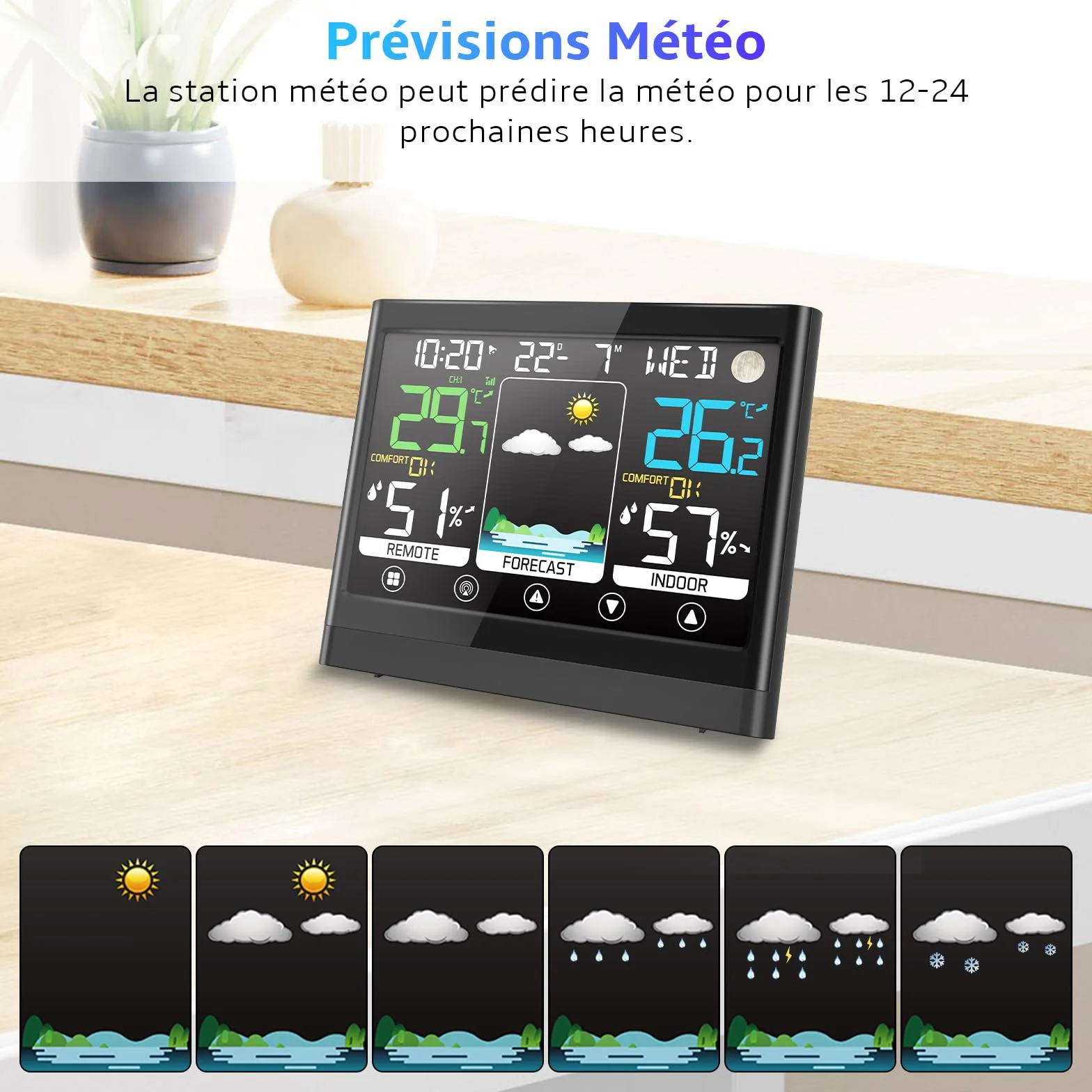 Station Météo Intérieur Extérieur Sans Fil avec Capteur Thermomètre Hygromètre LCD Écran Couleur Alerte Température Prévisions DCF Radio