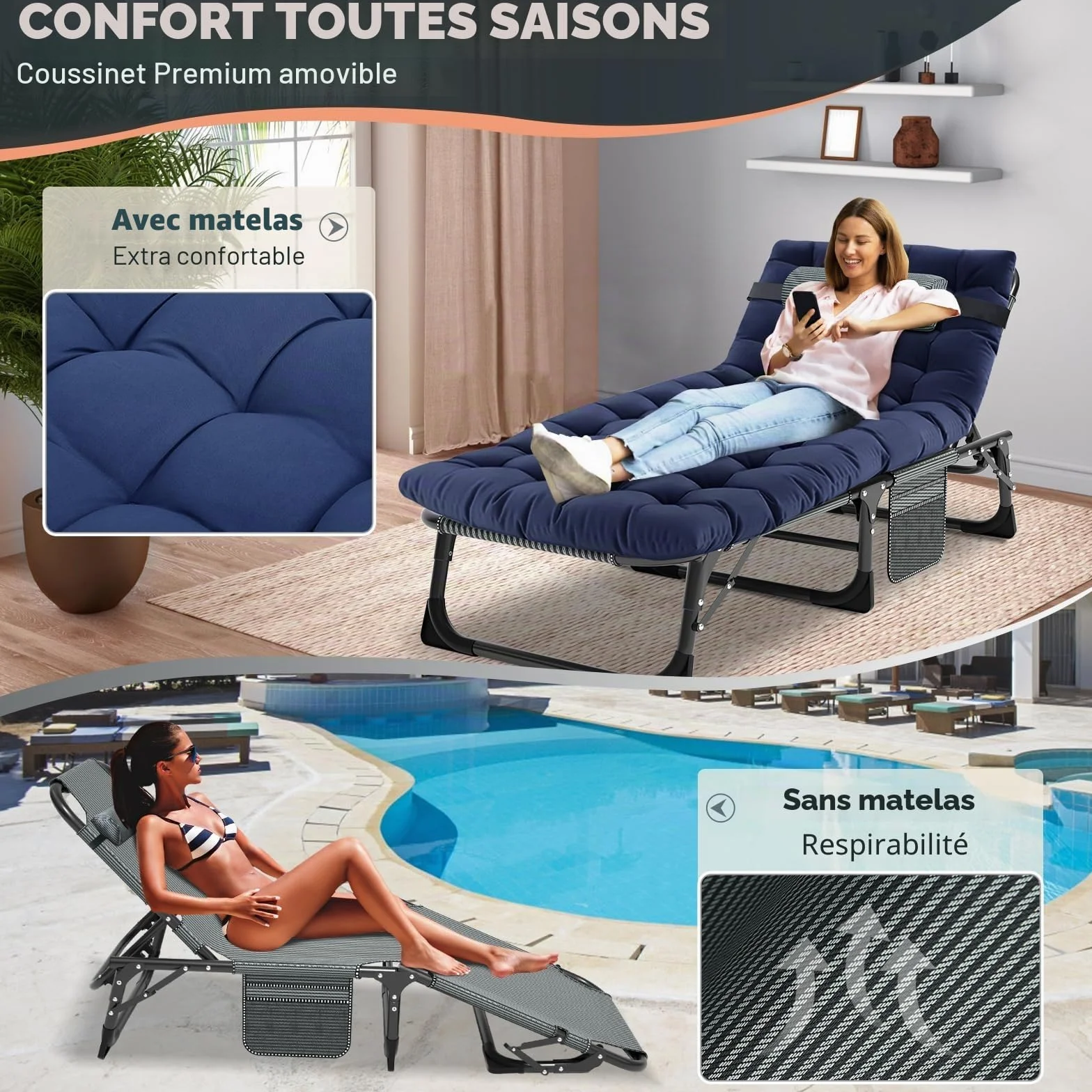 MOPHOTO Chaise Longue Pliante 5 Positions Portable Extérieur Piscine Plage Patio