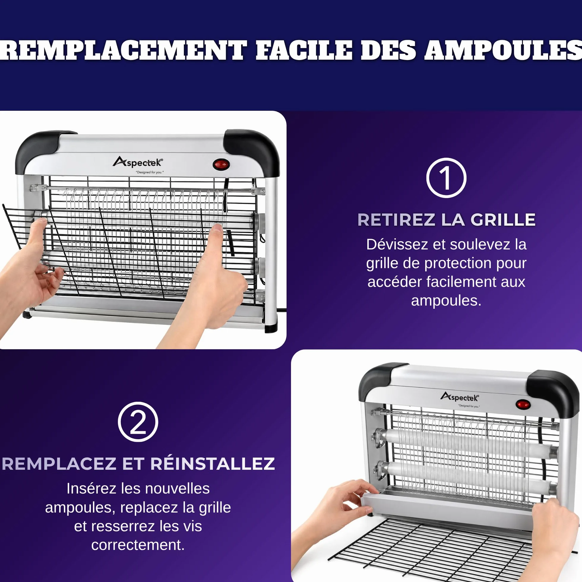 ASPECTEK Piège à Insectes Électrique 20W UV 2800V Tue-Moustiques Mouches Moucherons